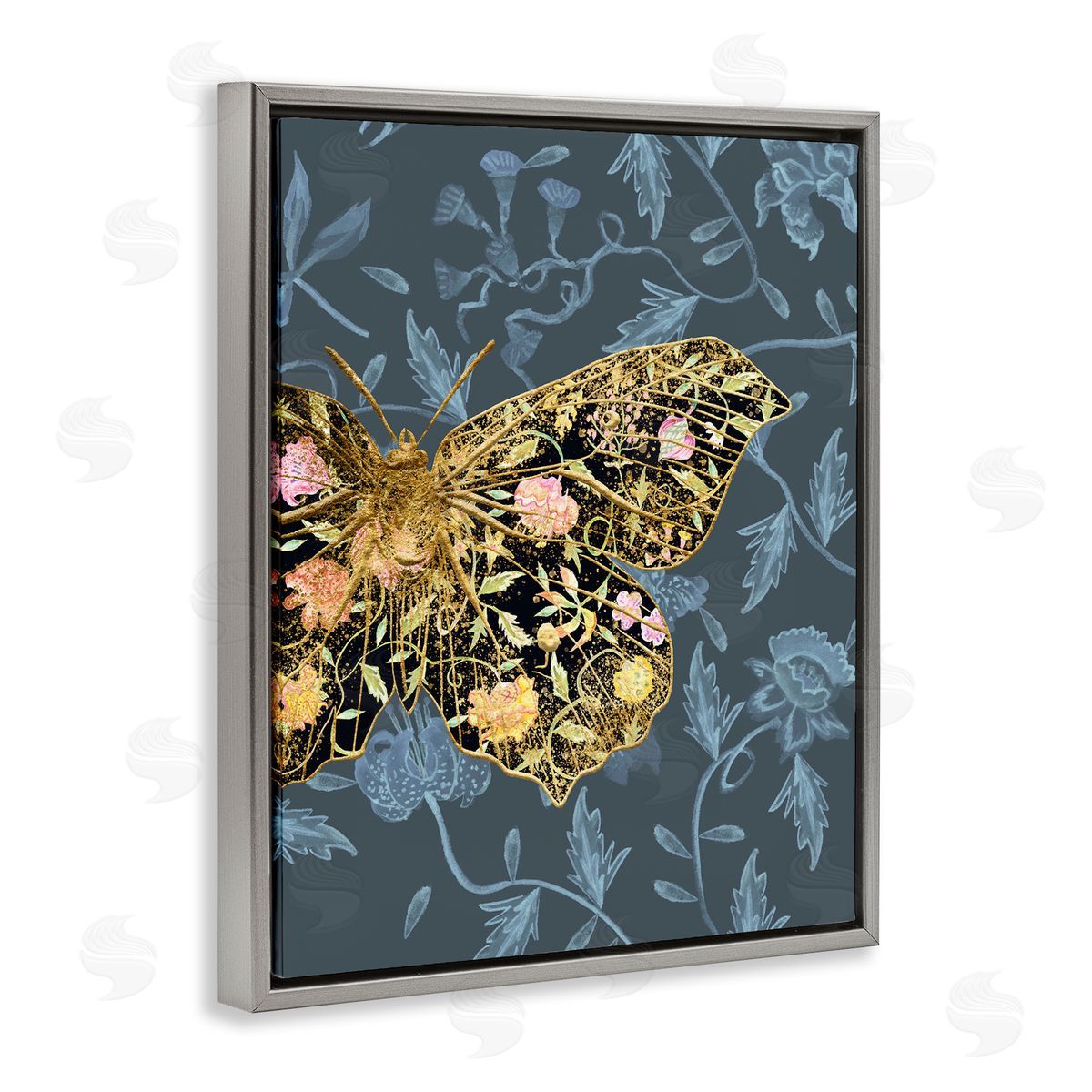 Blue and Gold Butterfly Grey Floating Frame Canvas Wall Art, Home Decor by Melissa Wang