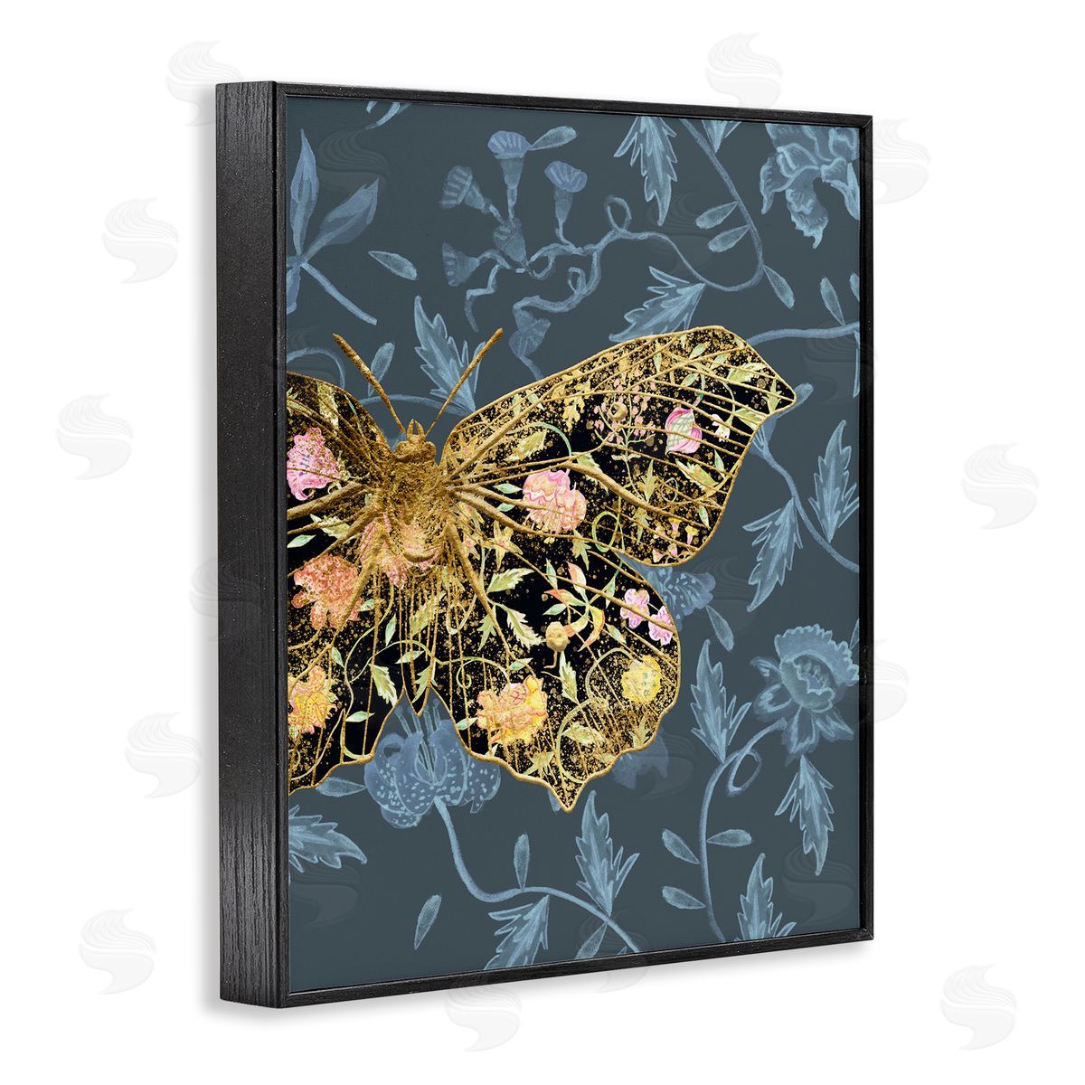 Blue and Gold Butterfly Black Frame Print Wall Art, Home Decor by Melissa Wang