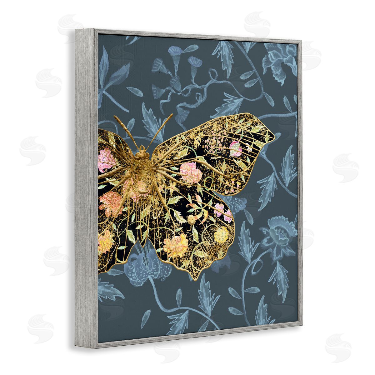 Blue and Gold Butterfly Grey Frame Print Wall Art, Home Decor by Melissa Wang