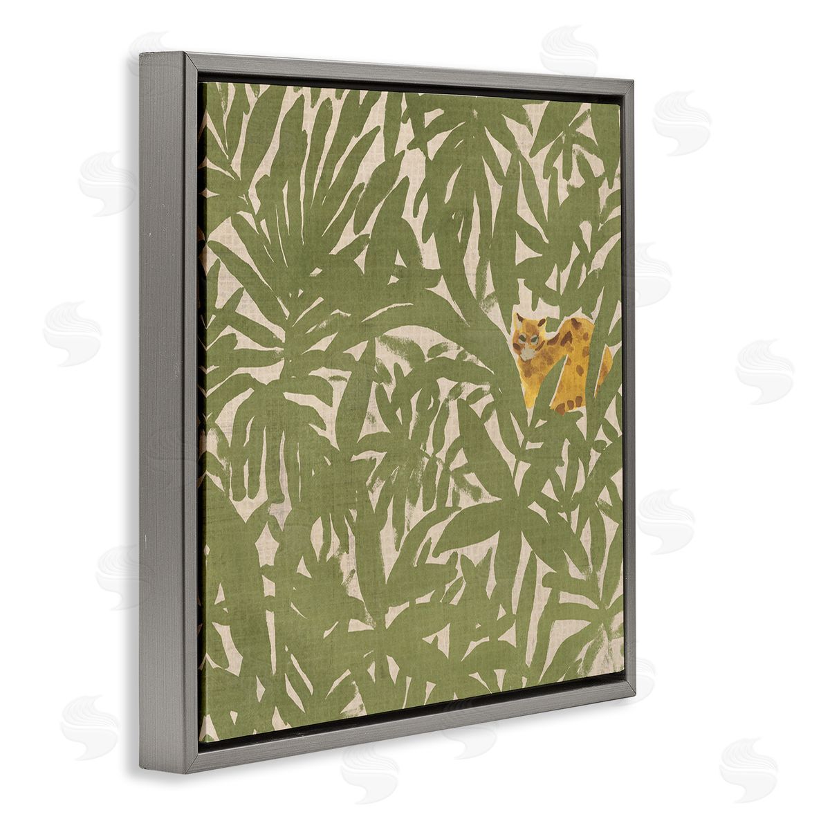 Hiding Cheetah Palm Plants Grey Floating Frame Canvas Wall Art, Home Decor by June Erica Vess