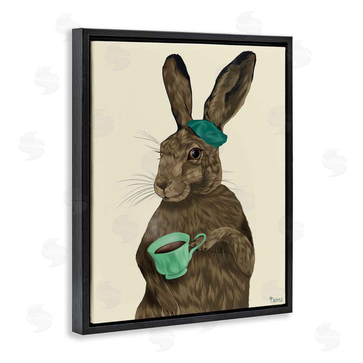 Rabbit and Green Teacup Black Floating Frame Canvas Wall Art, Home Decor by Tara Royle