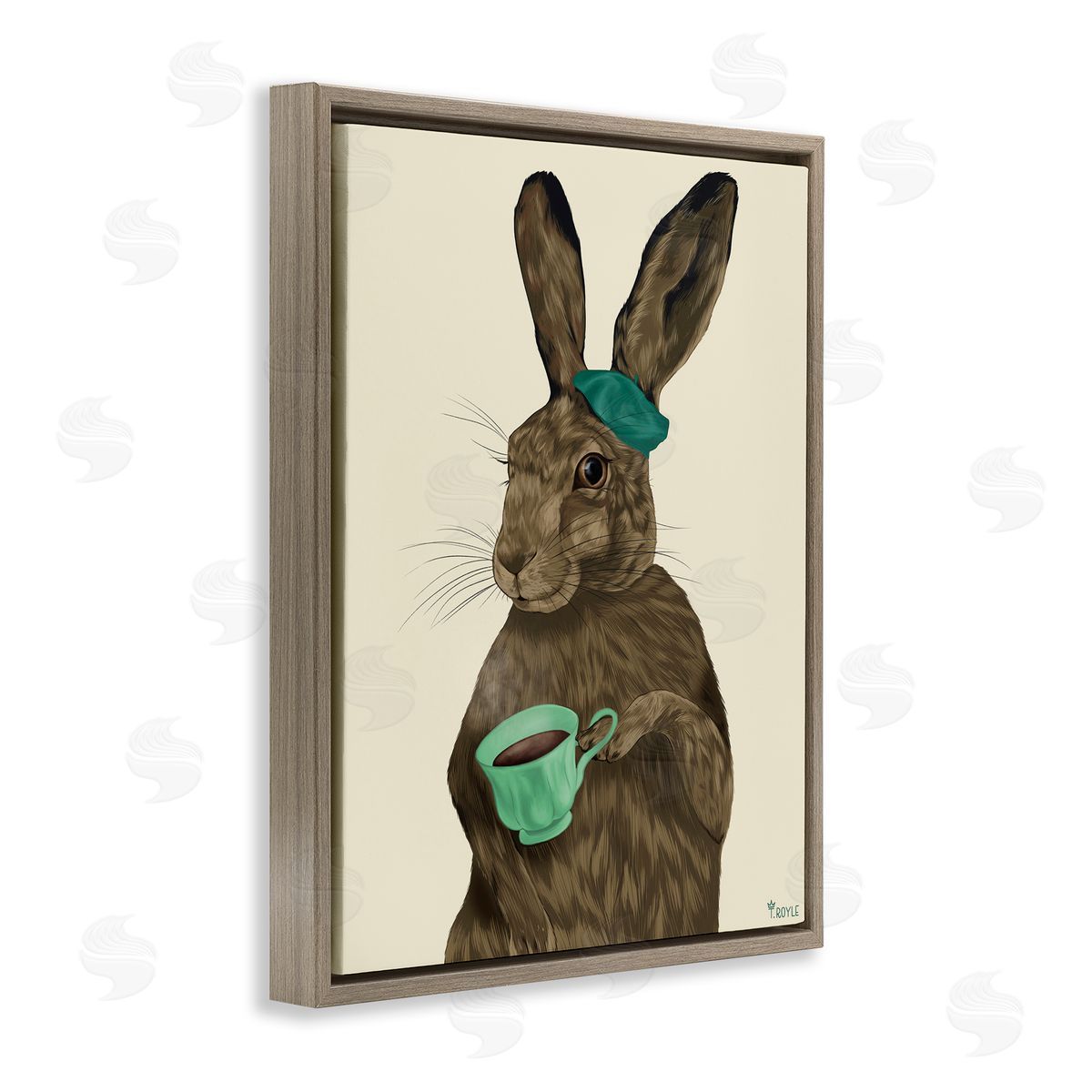 Rabbit and Green Teacup Brown Floating Frame Canvas Wall Art, Home Decor by Tara Royle