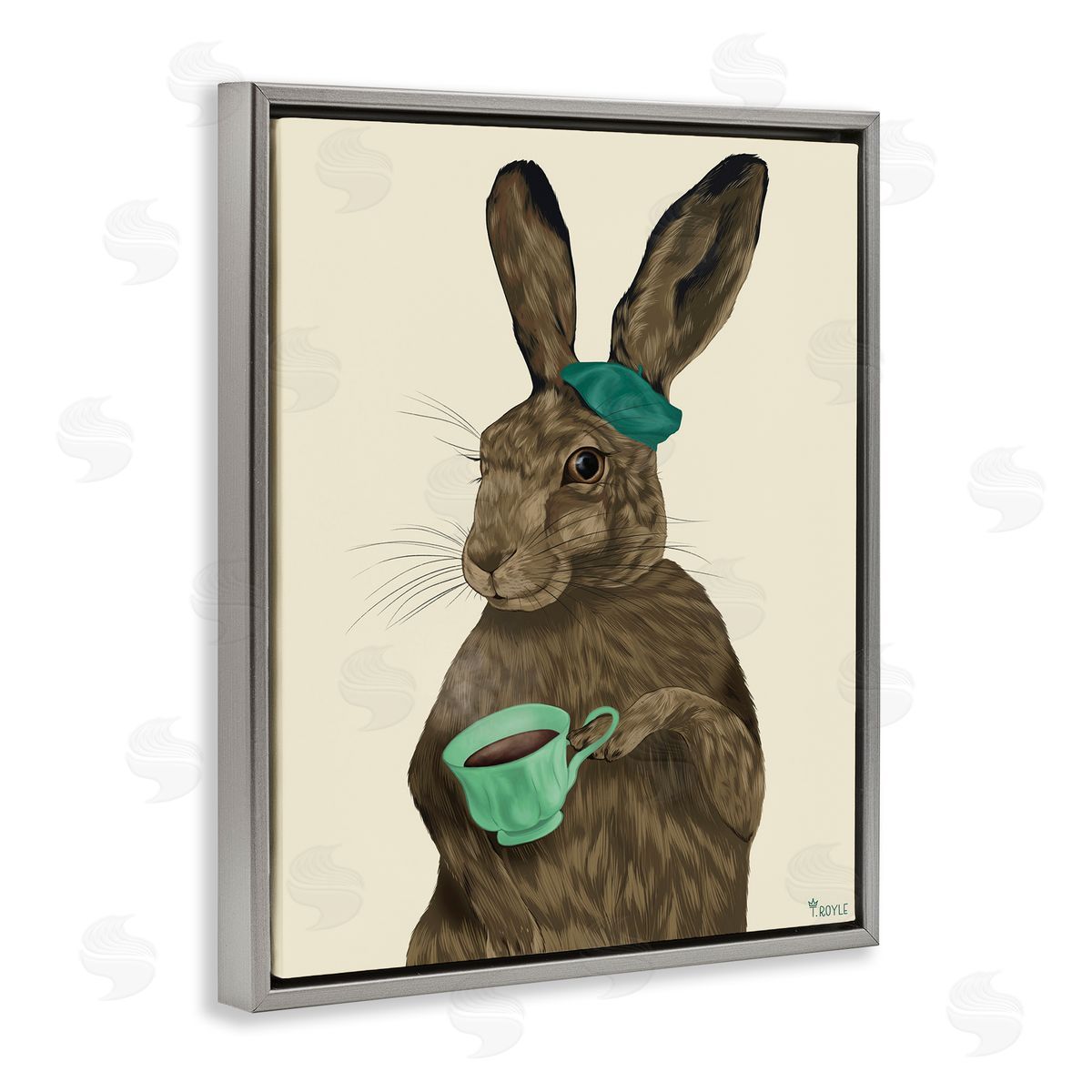 Rabbit and Green Teacup Grey Floating Frame Canvas Wall Art, Home Decor by Tara Royle