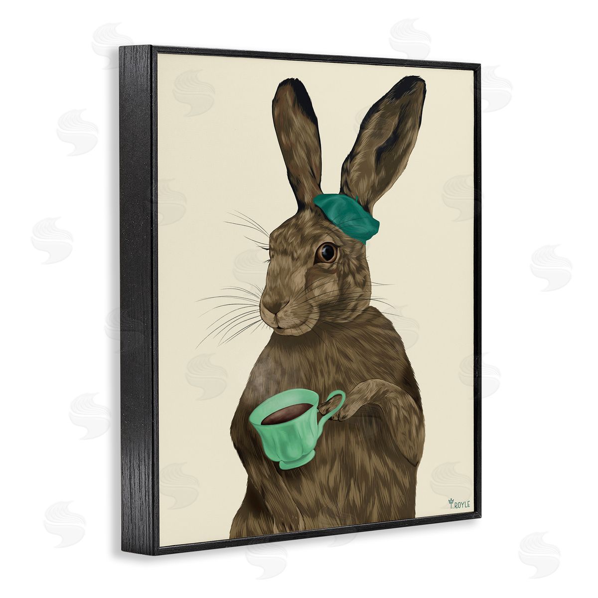 Rabbit and Green Teacup Black Frame Print Wall Art, Home Decor by Tara Royle
