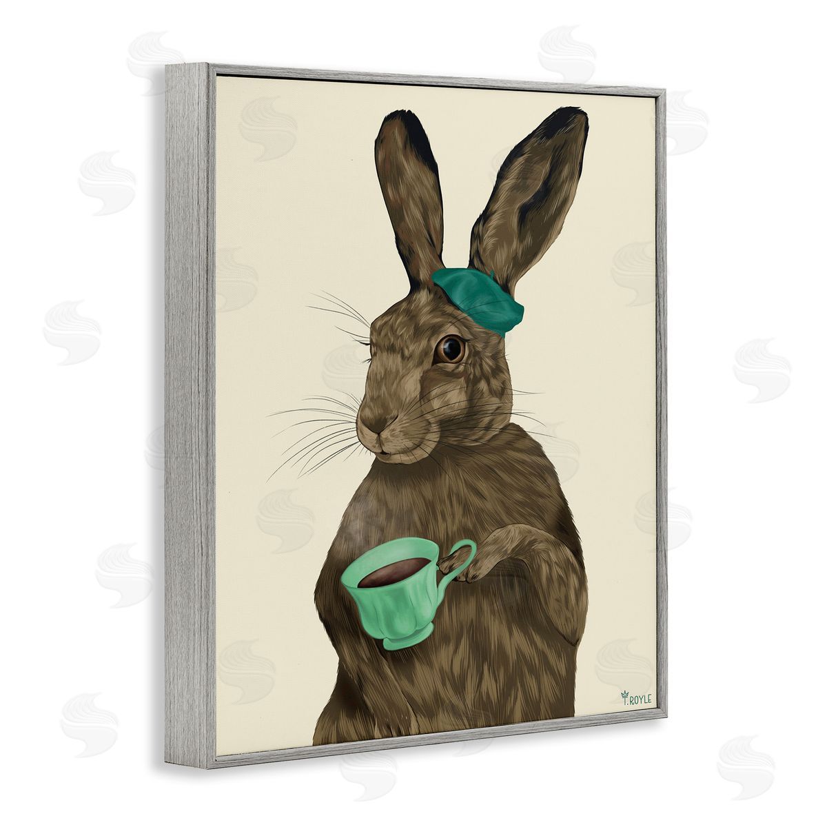 Rabbit and Green Teacup Grey Frame Print Wall Art, Home Decor by Tara Royle