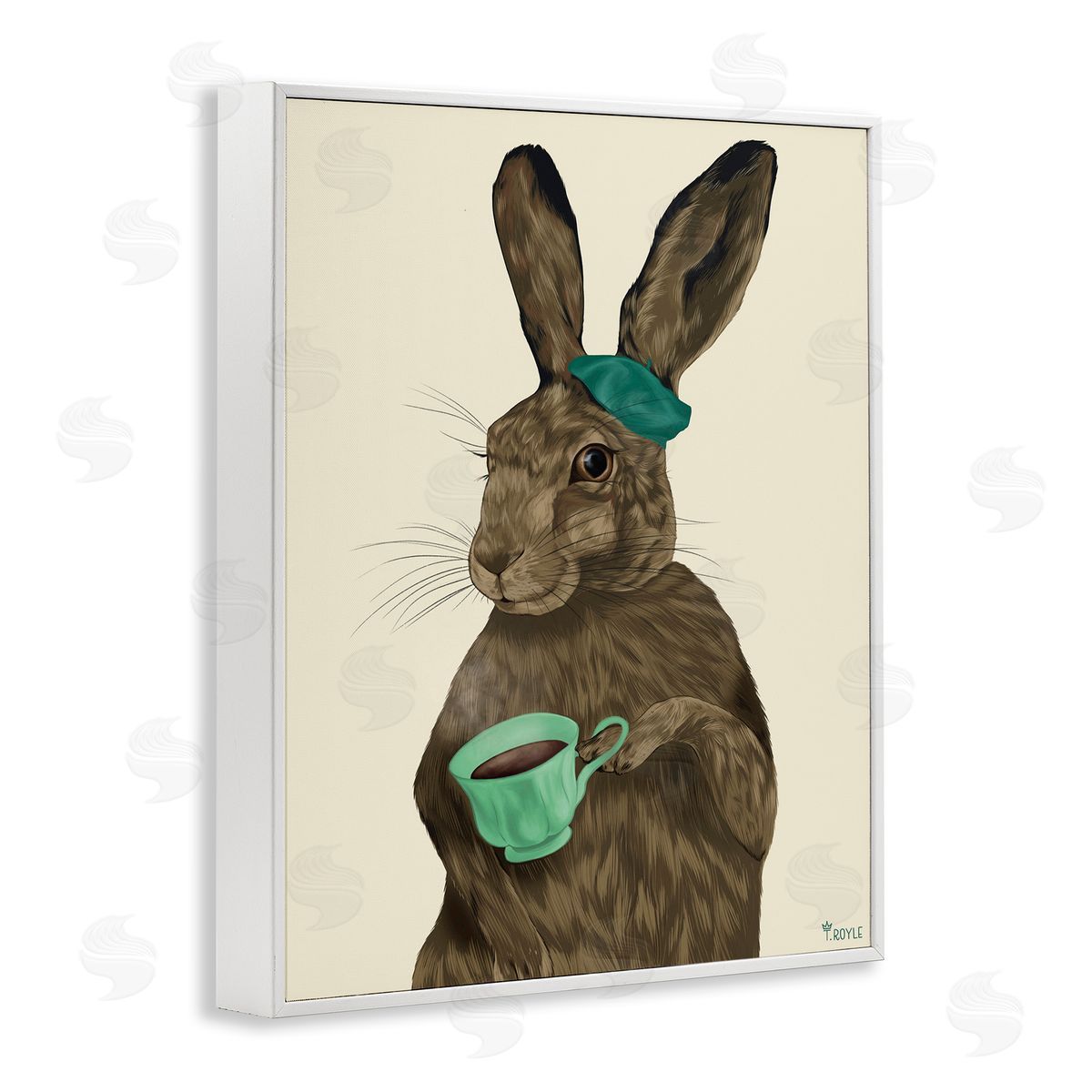 Rabbit and Green Teacup White Frame Print Wall Art, Home Decor by Tara Royle