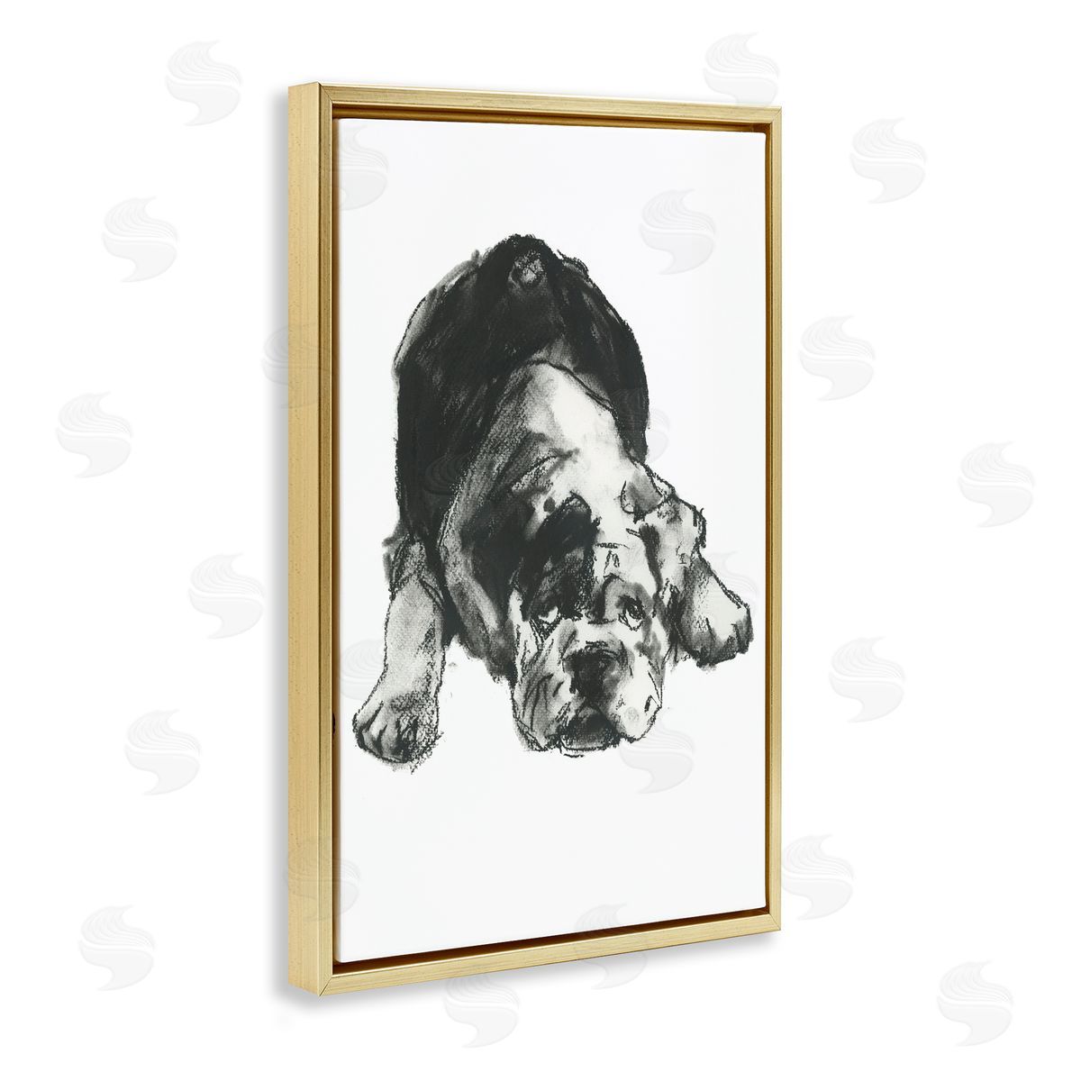 Bulldog Drawing Portrait Gold Floating Frame Canvas Wall Art, Home Decor by Cartissi