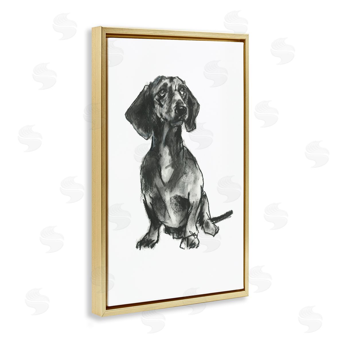 Dachshund Sitting Drawing Gold Floating Frame Canvas Wall Art, Home Decor by Cartissi