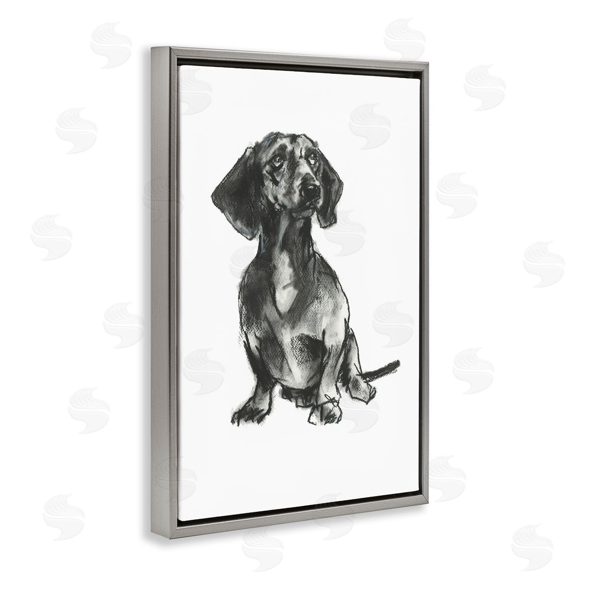 Dachshund Sitting Drawing Grey Floating Frame Canvas Wall Art, Home Decor by Cartissi