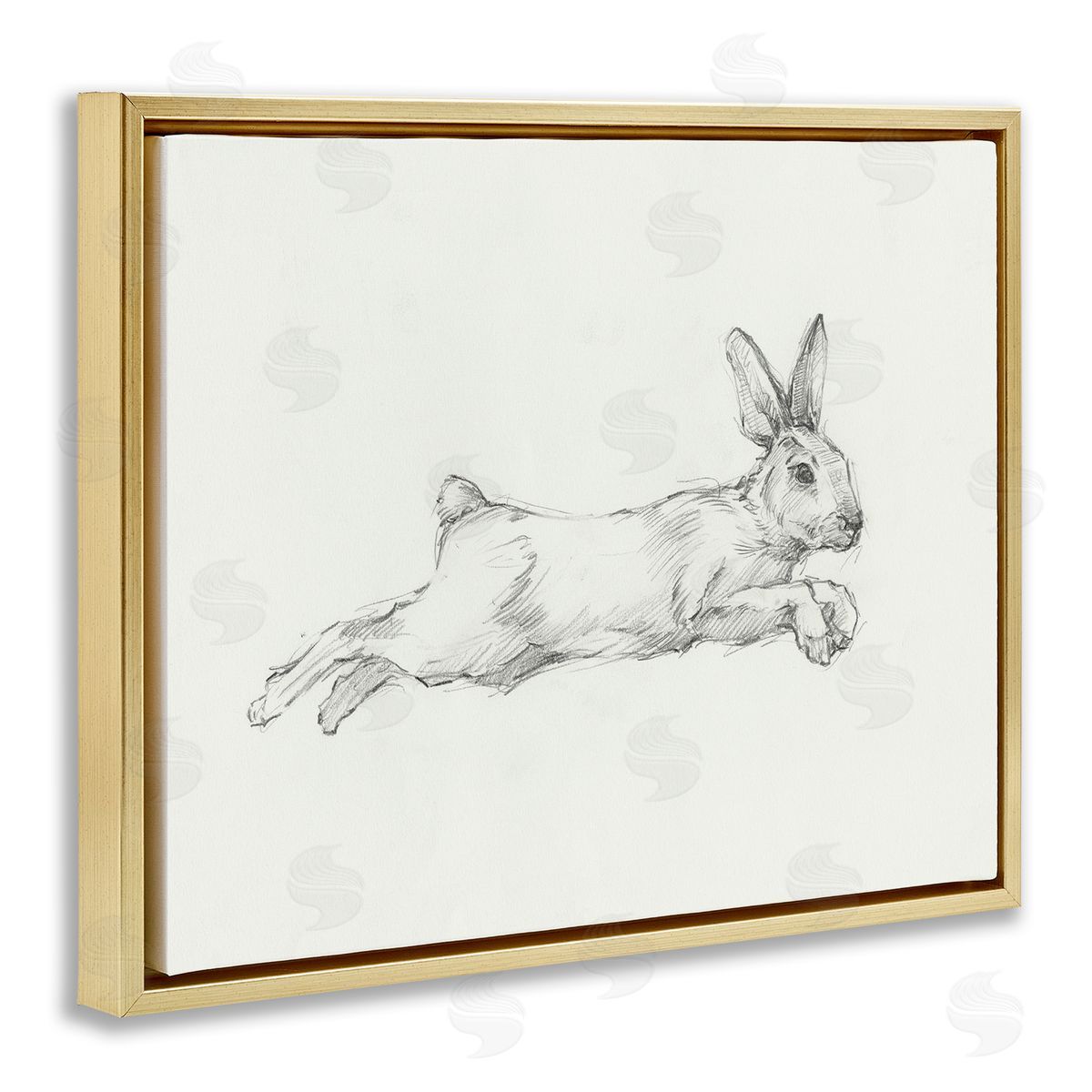 Jumping Rabbit Sketch Gold Floating Frame Canvas Wall Art, Home Decor by Ethan Harper