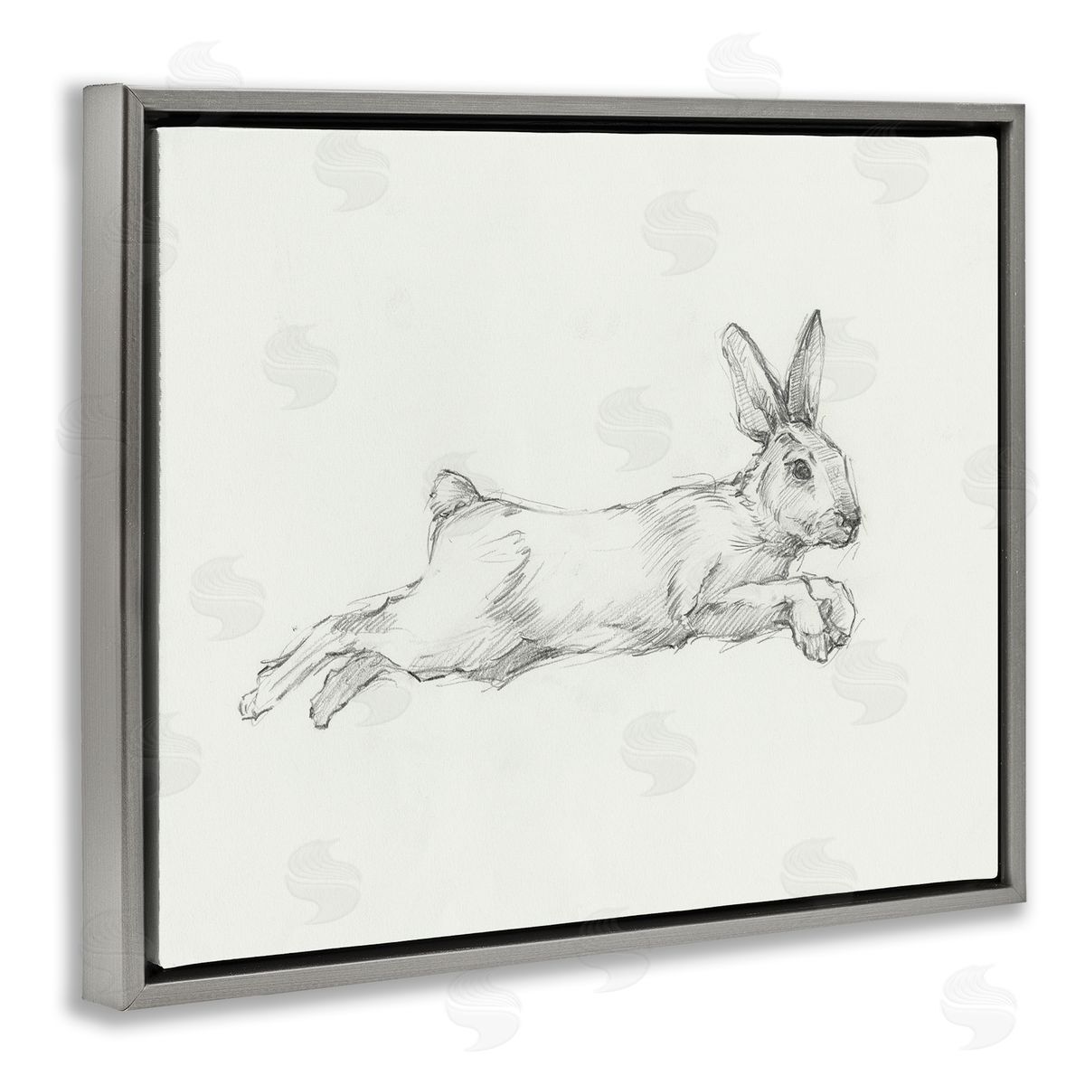 Jumping Rabbit Sketch Grey Floating Frame Canvas Wall Art, Home Decor by Ethan Harper