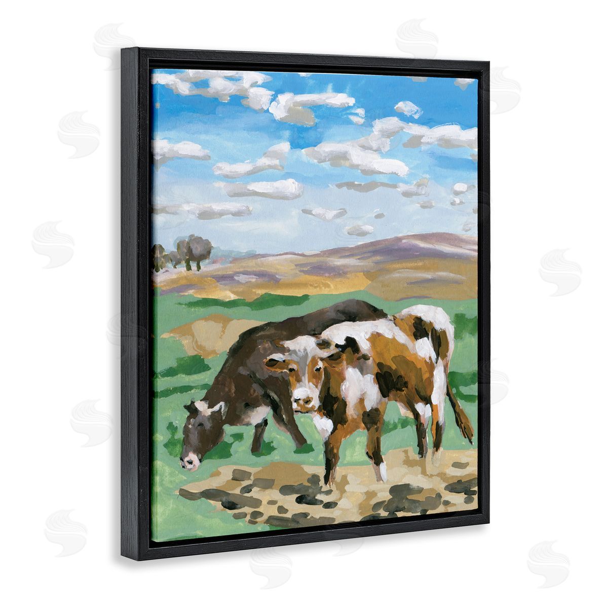Melissa Wang Grazing Cattle Landscape Black Floating Frame Canvas Wall Art Print
