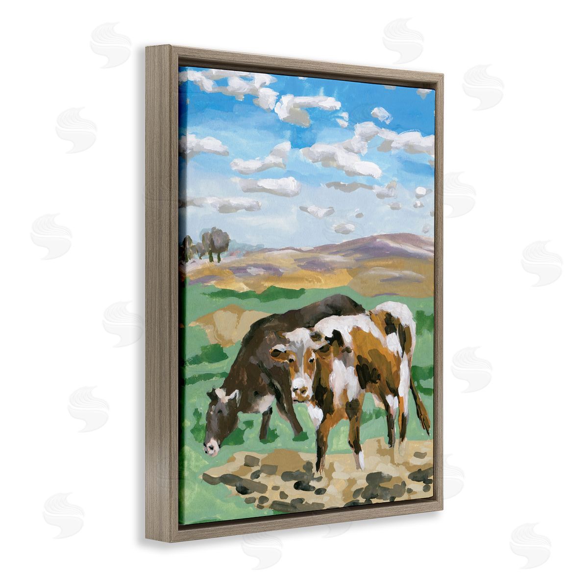 Melissa Wang Grazing Cattle Landscape Brown Floating Frame Canvas Wall Art Print
