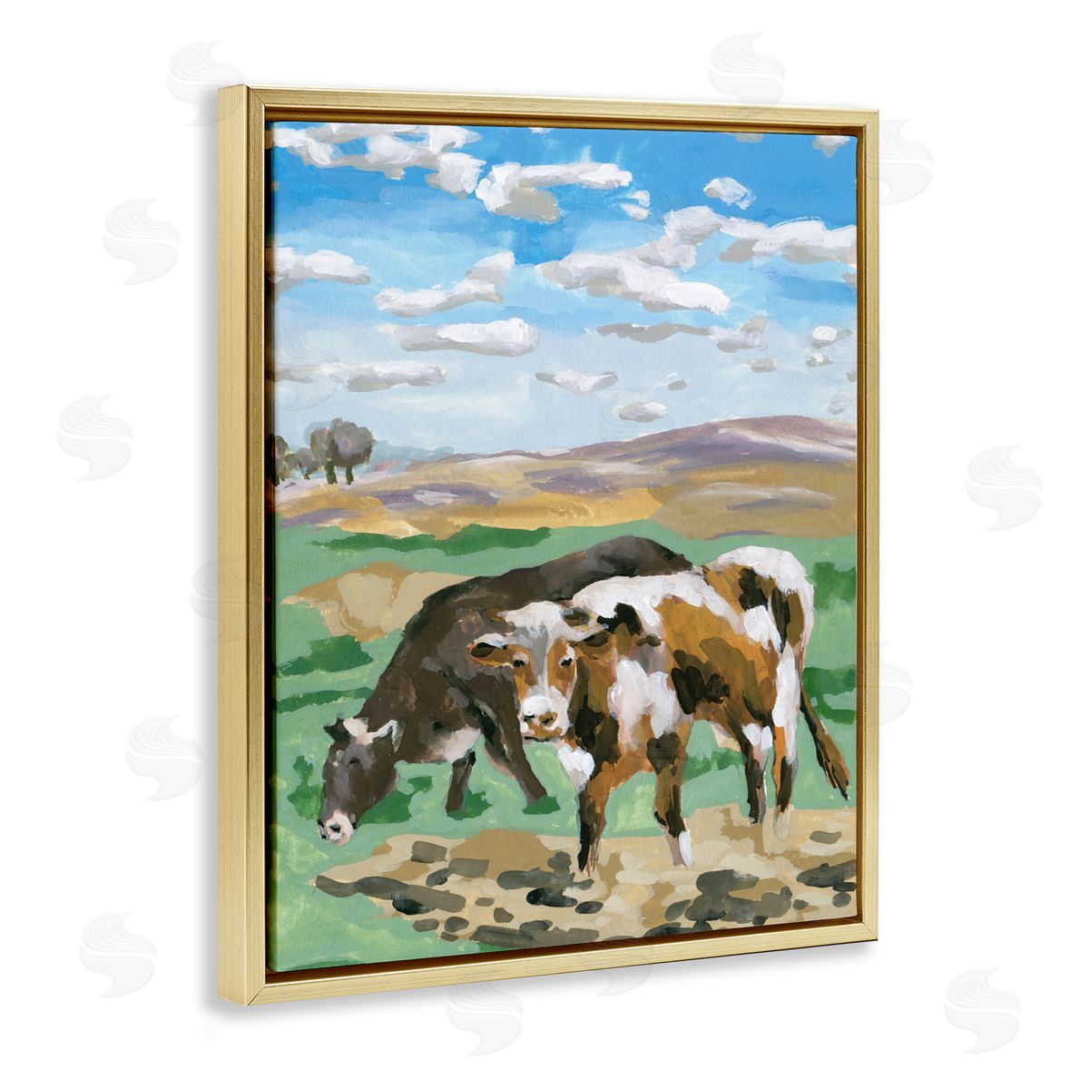 Melissa Wang Grazing Cattle Landscape Gold Floating Frame Canvas Wall Art Print
