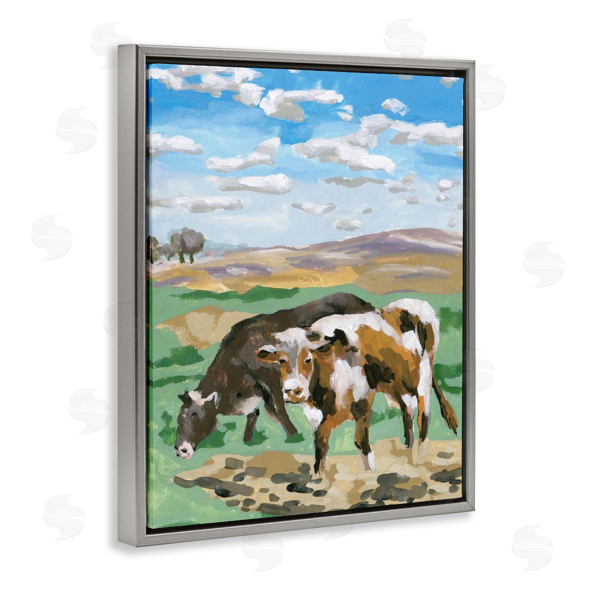 Melissa Wang Grazing Cattle Landscape Gray Floating Frame Canvas Wall Art Print