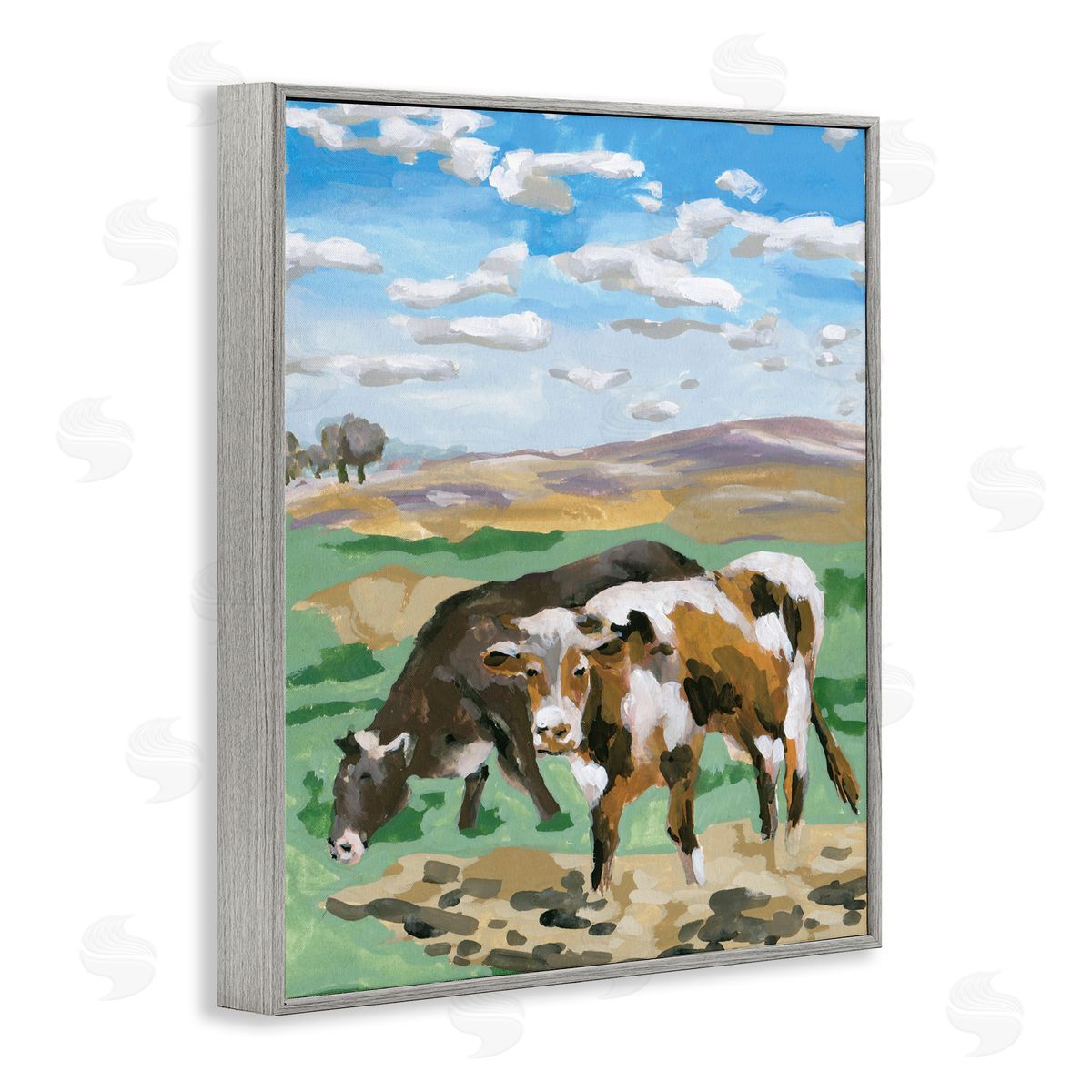 Melissa Wang Grazing Cattle Landscape Gray Framed Giclee Wall Art Print