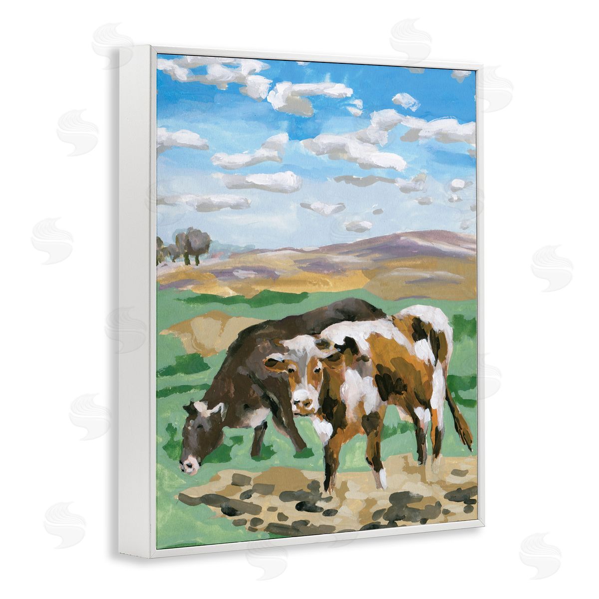 Melissa Wang Grazing Cattle Landscape White Framed Giclee Wall Art Print