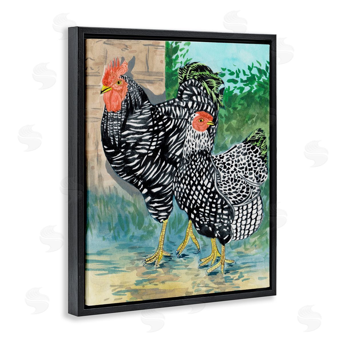 Melissa Wang Traditional Rooster Pair Black Floating Frame Canvas Wall Art Print