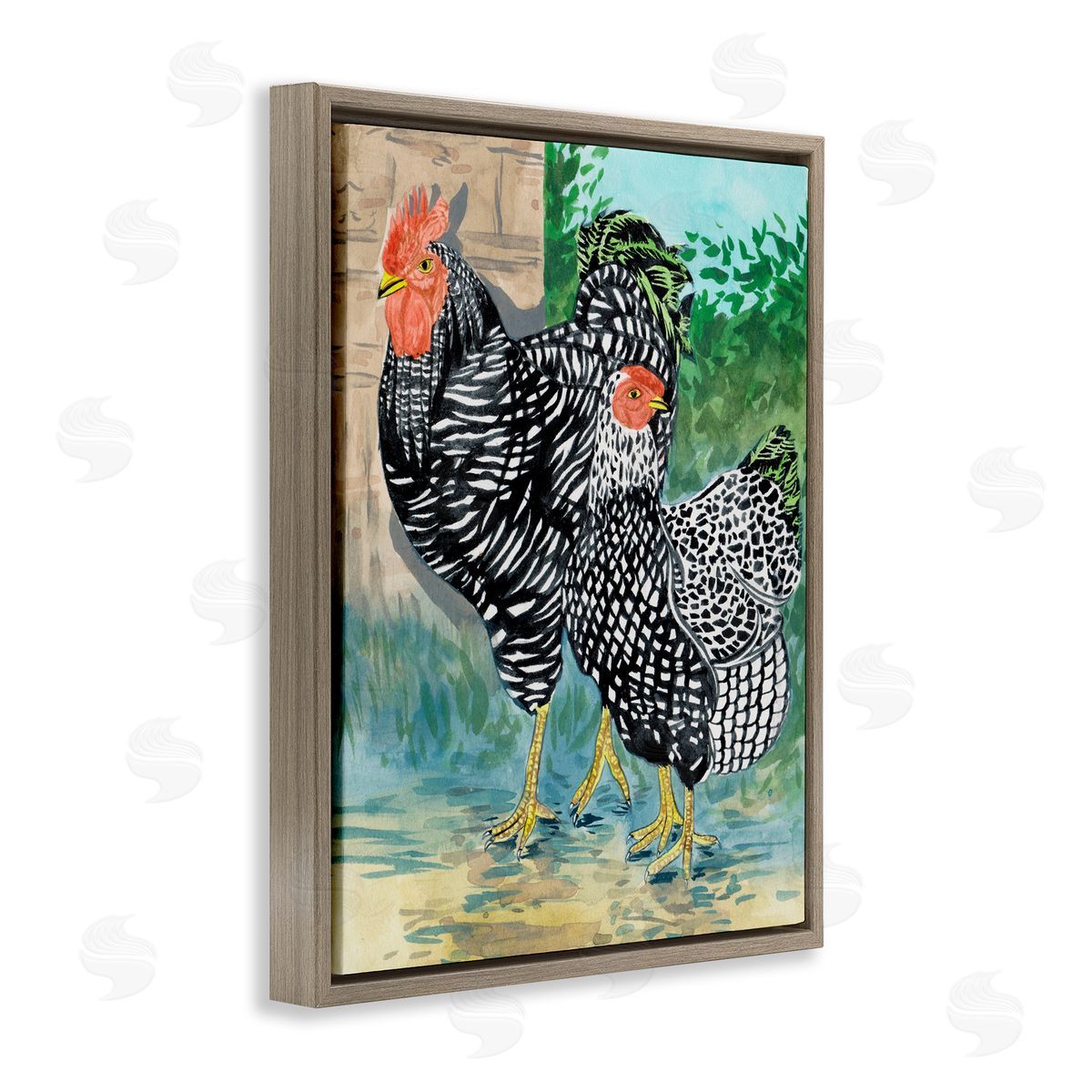 Melissa Wang Traditional Rooster Pair Brown Floating Frame Canvas Wall Art Print