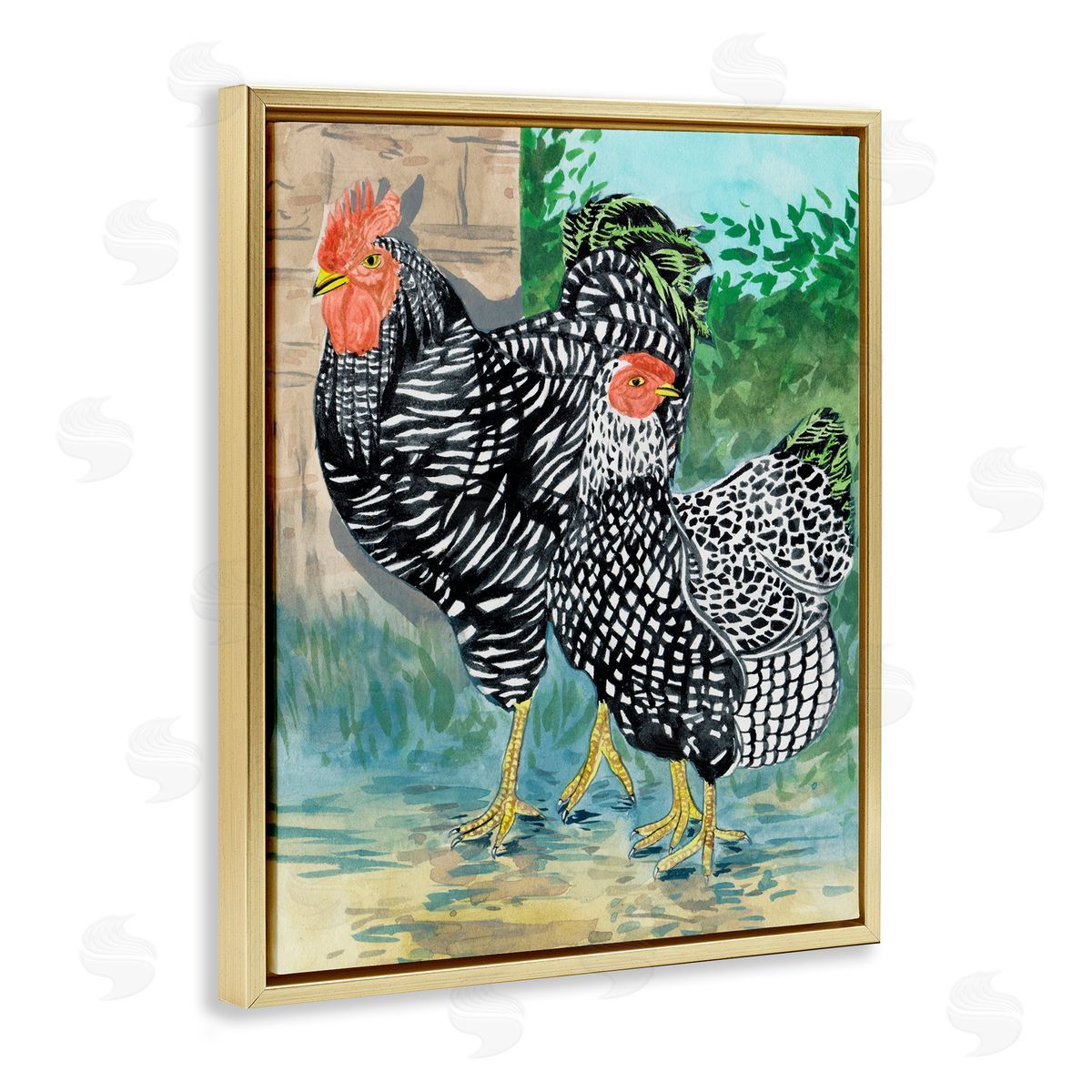 Melissa Wang Traditional Rooster Pair Gold Floating Frame Canvas Wall Art Print