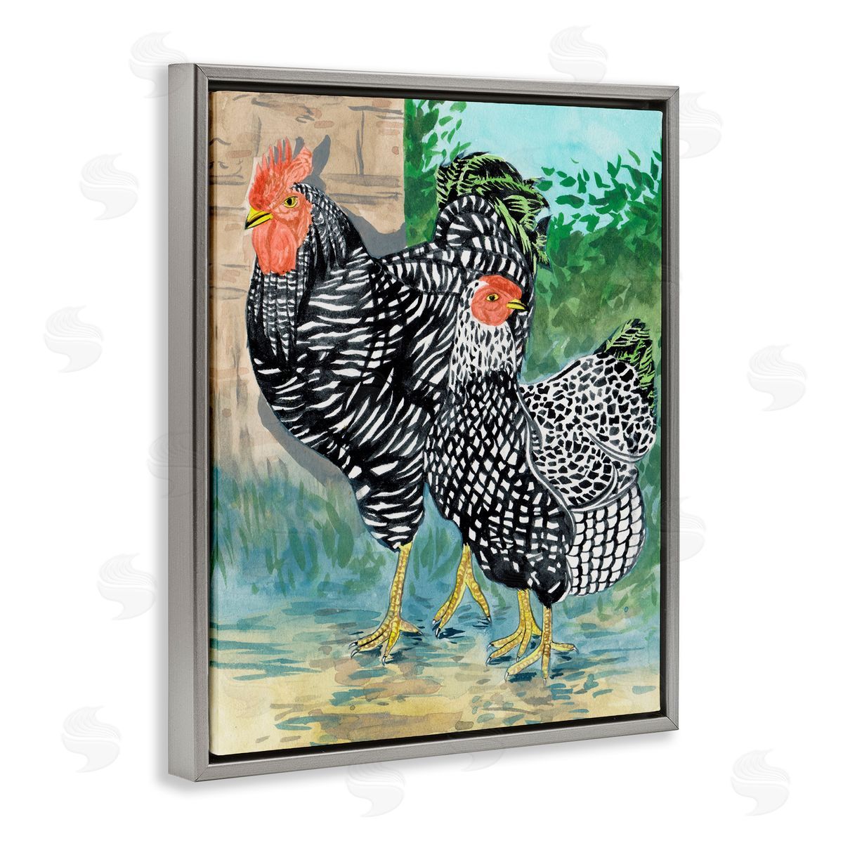 Melissa Wang Traditional Rooster Pair Gray Floating Frame Canvas Wall Art Print