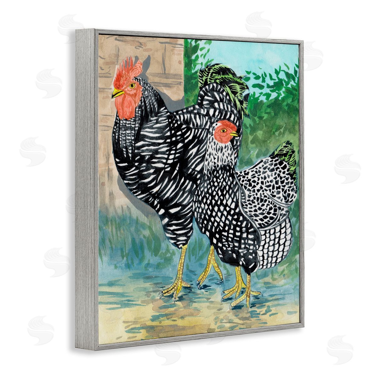 Melissa Wang Traditional Rooster Pair Gray Framed Giclee Wall Art Print