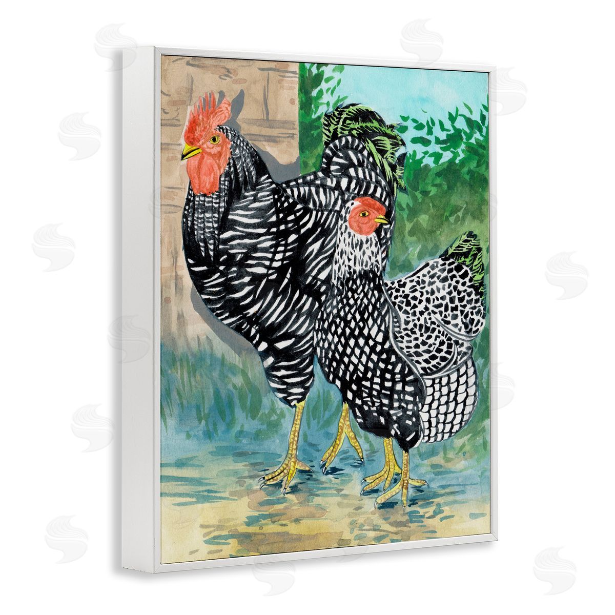 Melissa Wang Traditional Rooster Pair White Framed Giclee Wall Art Print