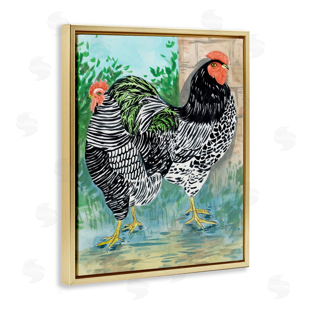 Melissa Wang Patterned Farmhouse Hens Gold Floating Frame Canvas Wall Art Print