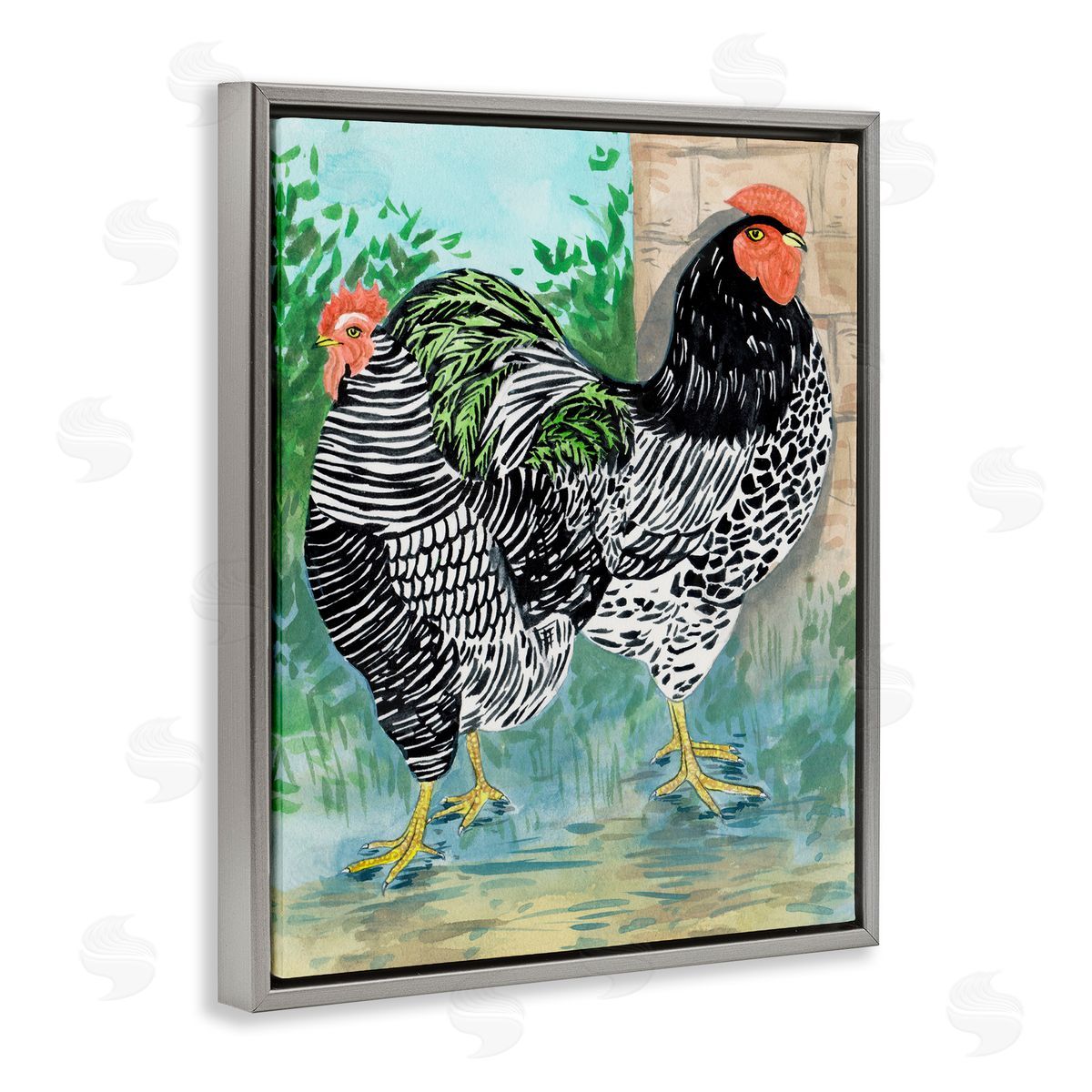 Melissa Wang Patterned Farmhouse Hens Gray Floating Frame Canvas Wall Art Print