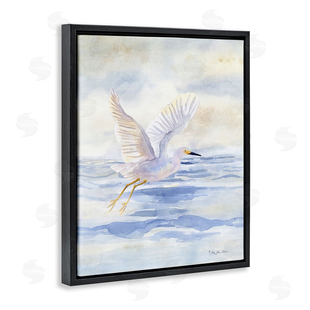 Swan Flying Over Water Black Floating Frame Canvas Wall Art, Home Decor by Audrey Jeanne Roberts
