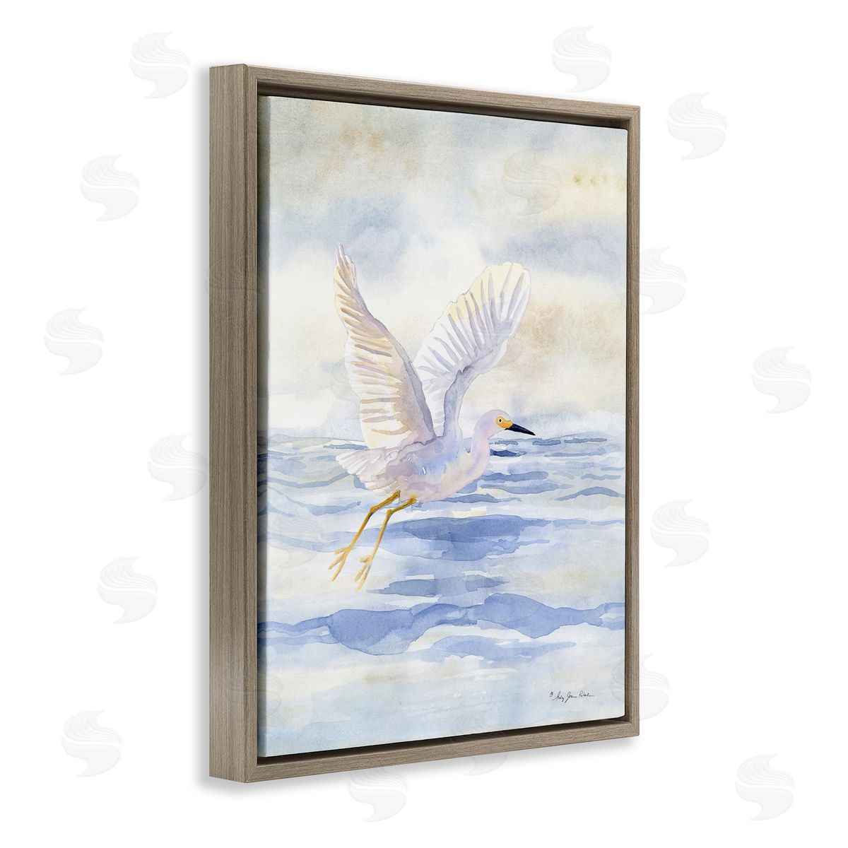 Swan Flying Over Water Brown Floating Frame Canvas Wall Art, Home Decor by Audrey Jeanne Roberts