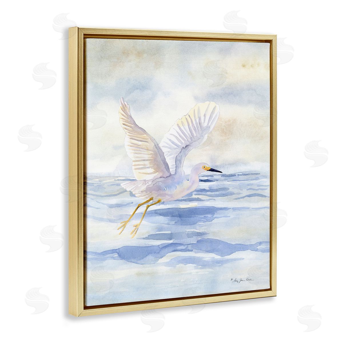 Swan Flying Over Water Gold Floating Frame Canvas Wall Art, Home Decor by Audrey Jeanne Roberts
