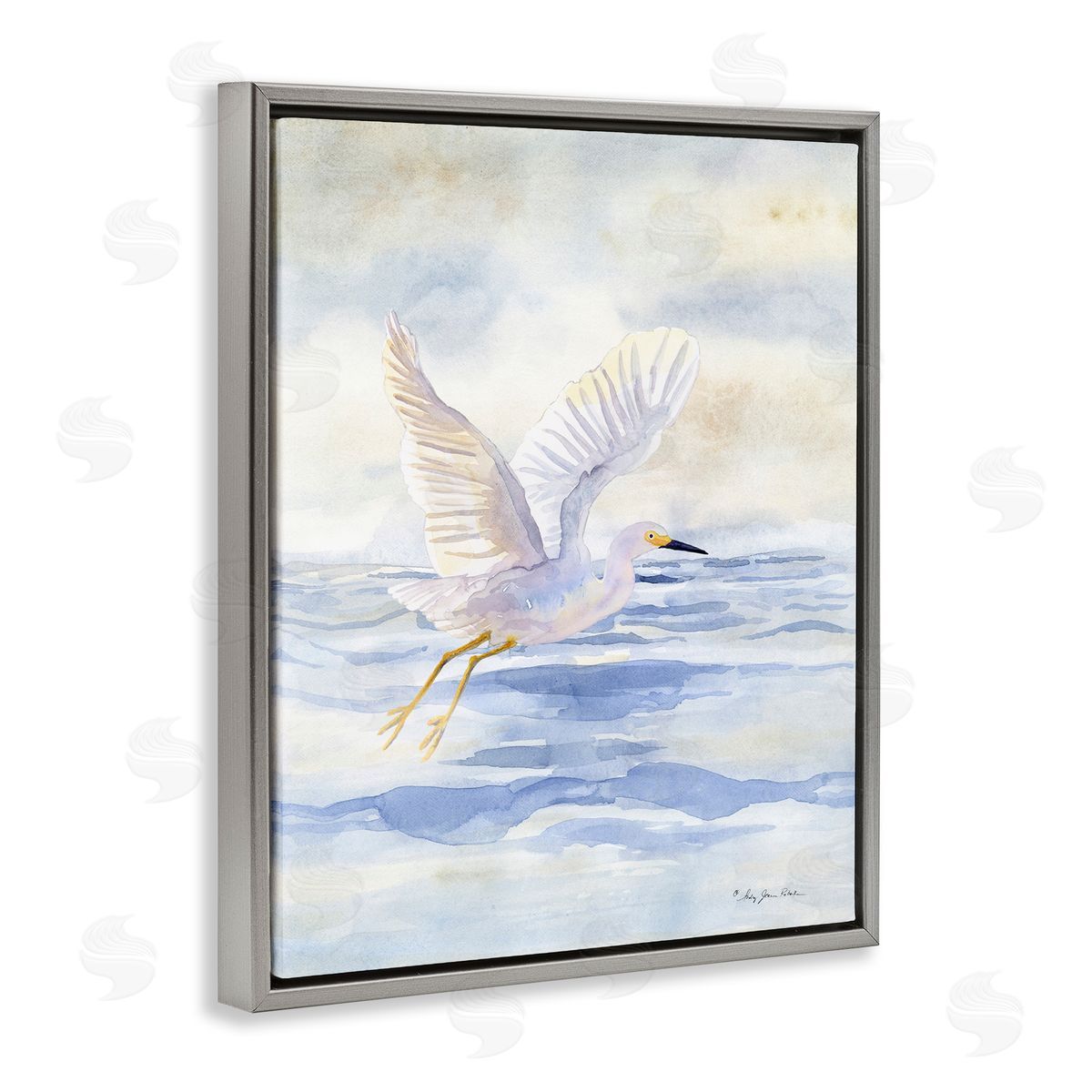 Swan Flying Over Water Grey Floating Frame Canvas Wall Art, Home Decor by Audrey Jeanne Roberts