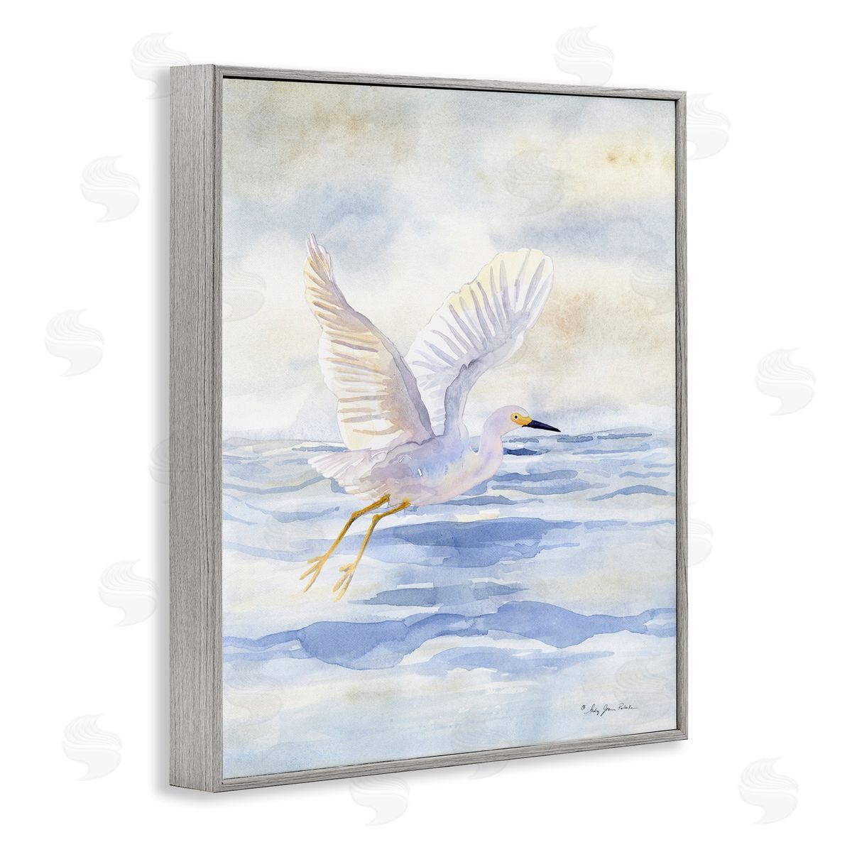 Swan Flying Over Water Grey Frame Print Wall Art, Home Decor by Audrey Jeanne Roberts
