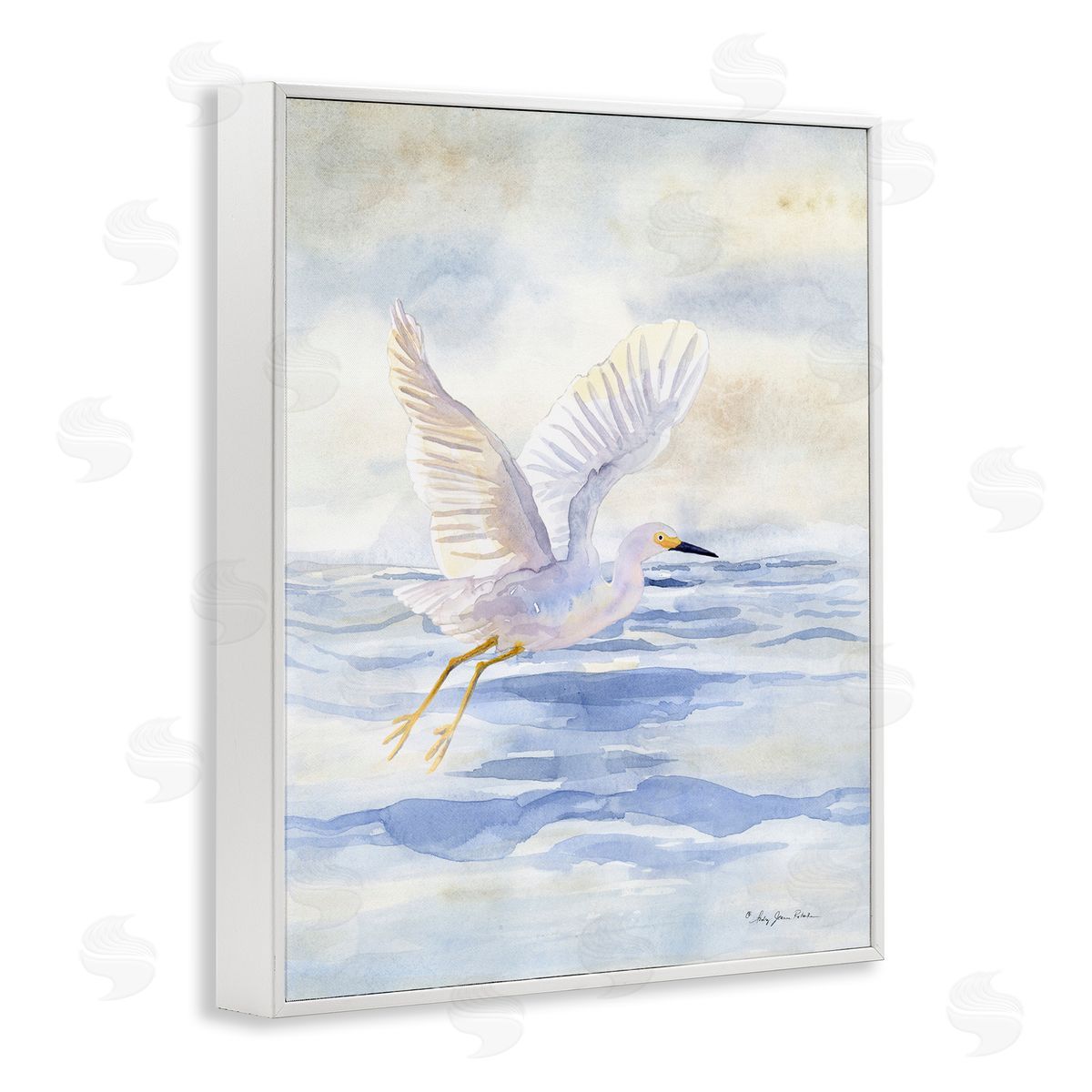 Swan Flying Over Water White Frame Print Wall Art, Home Decor by Audrey Jeanne Roberts