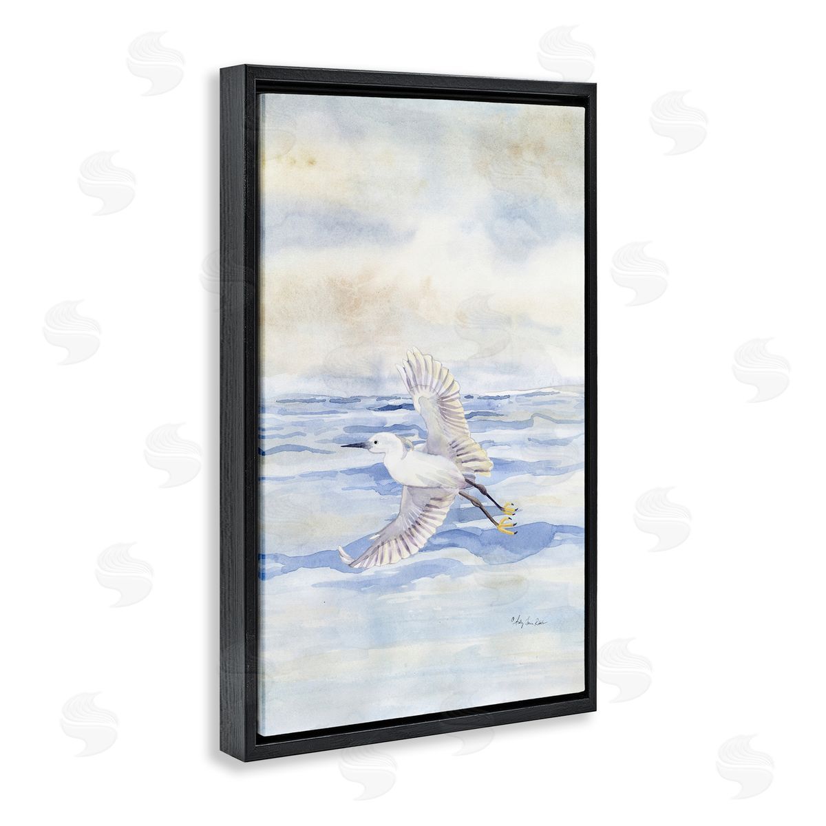 Flying Heron Over Water Black Floating Frame Canvas Wall Art, Home Decor by Audrey Jeanne Roberts