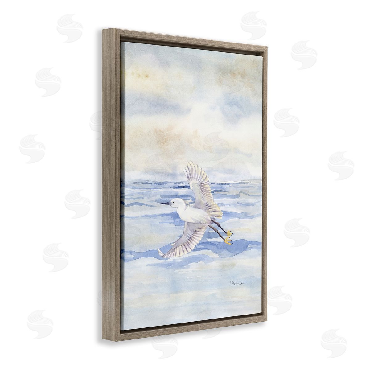 Flying Heron Over Water Brown Floating Frame Canvas Wall Art, Home Decor by Audrey Jeanne Roberts