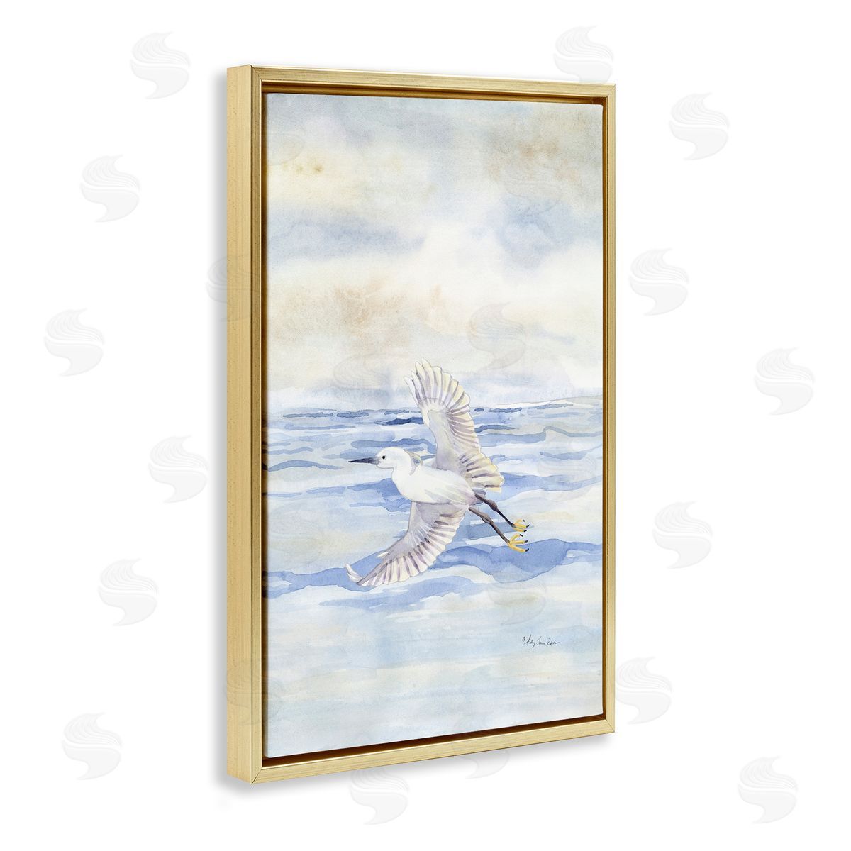 Flying Heron Over Water Gold Floating Frame Canvas Wall Art, Home Decor by Audrey Jeanne Roberts