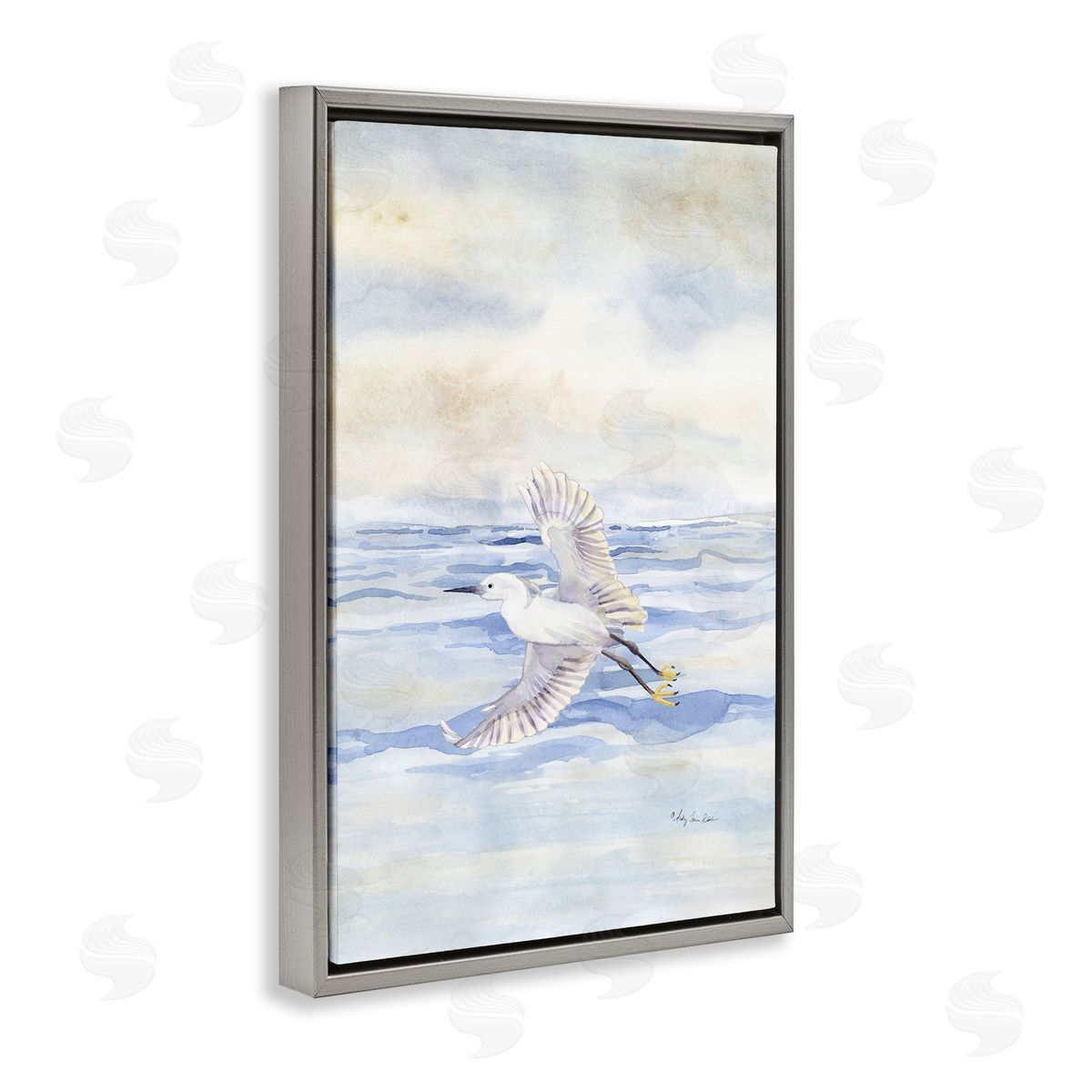 Flying Heron Over Water Grey Floating Frame Canvas Wall Art, Home Decor by Audrey Jeanne Roberts