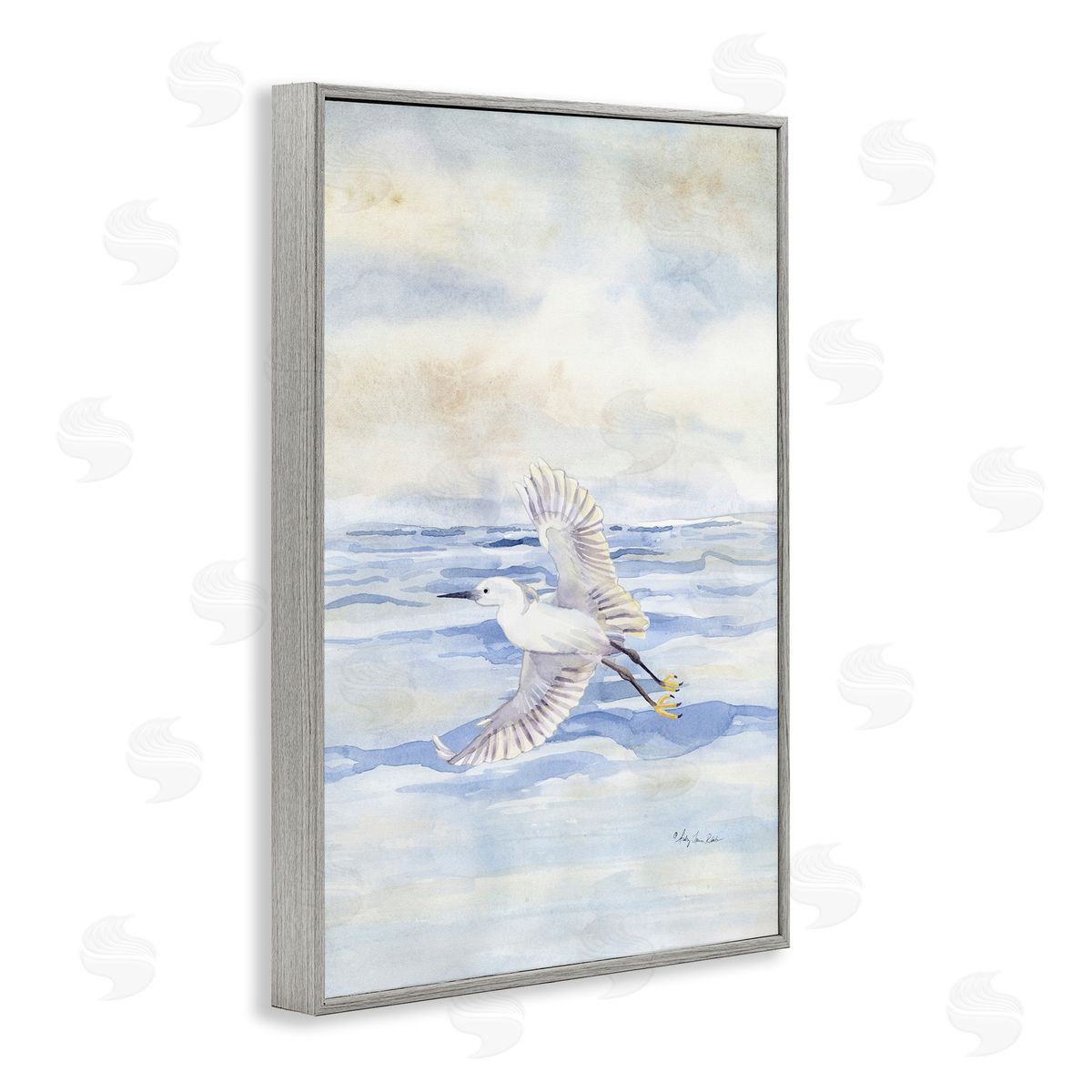 Flying Heron Over Water Grey Frame Print Wall Art, Home Decor by Audrey Jeanne Roberts