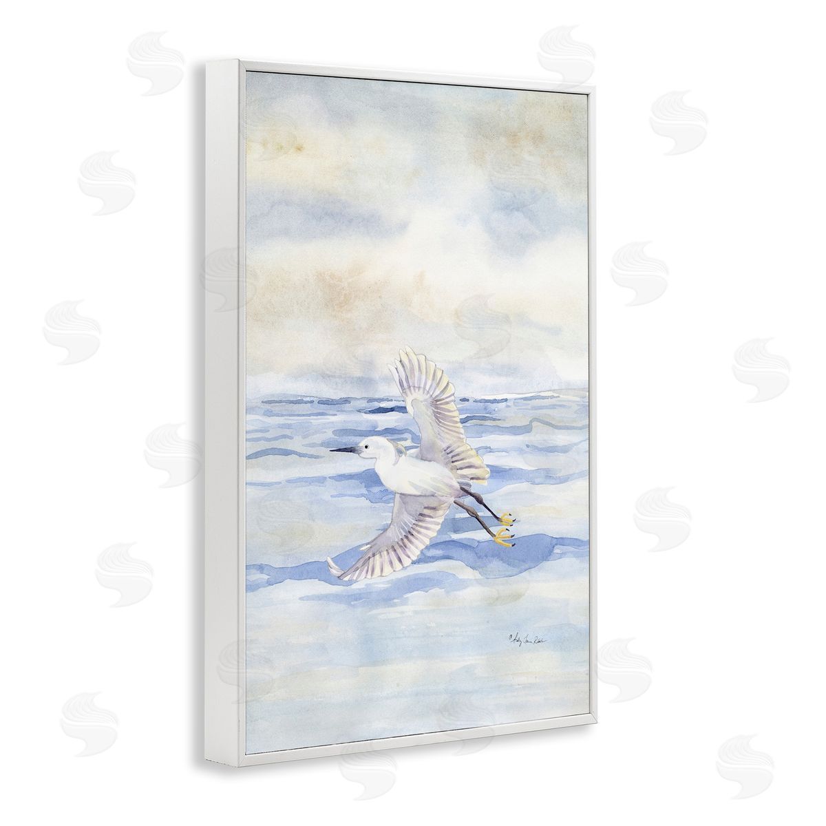 Flying Heron Over Water White Frame Print Wall Art, Home Decor by Audrey Jeanne Roberts