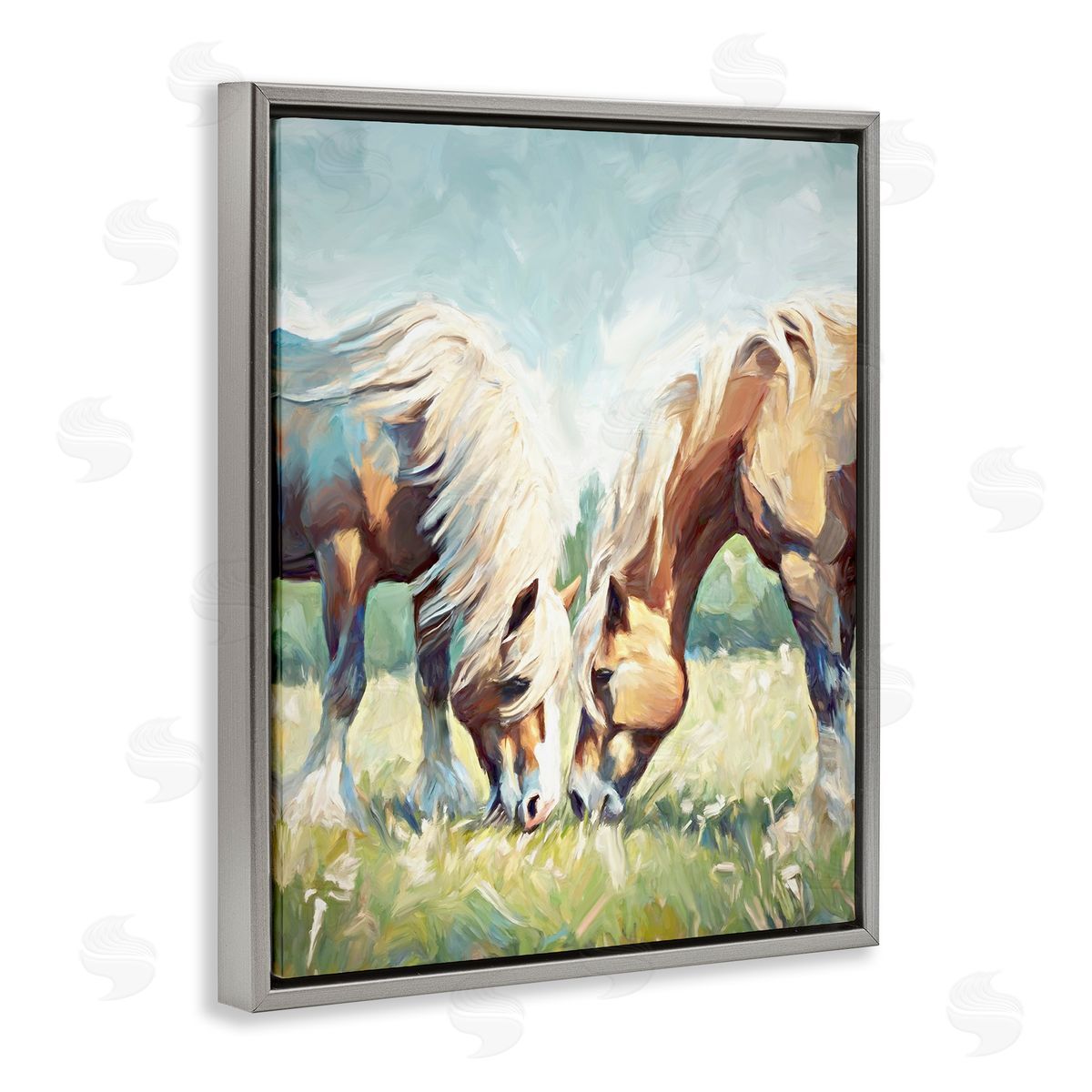 Horses Grazing Together Grey Floating Frame Canvas Wall Art, Home Decor by Ramona Murdock