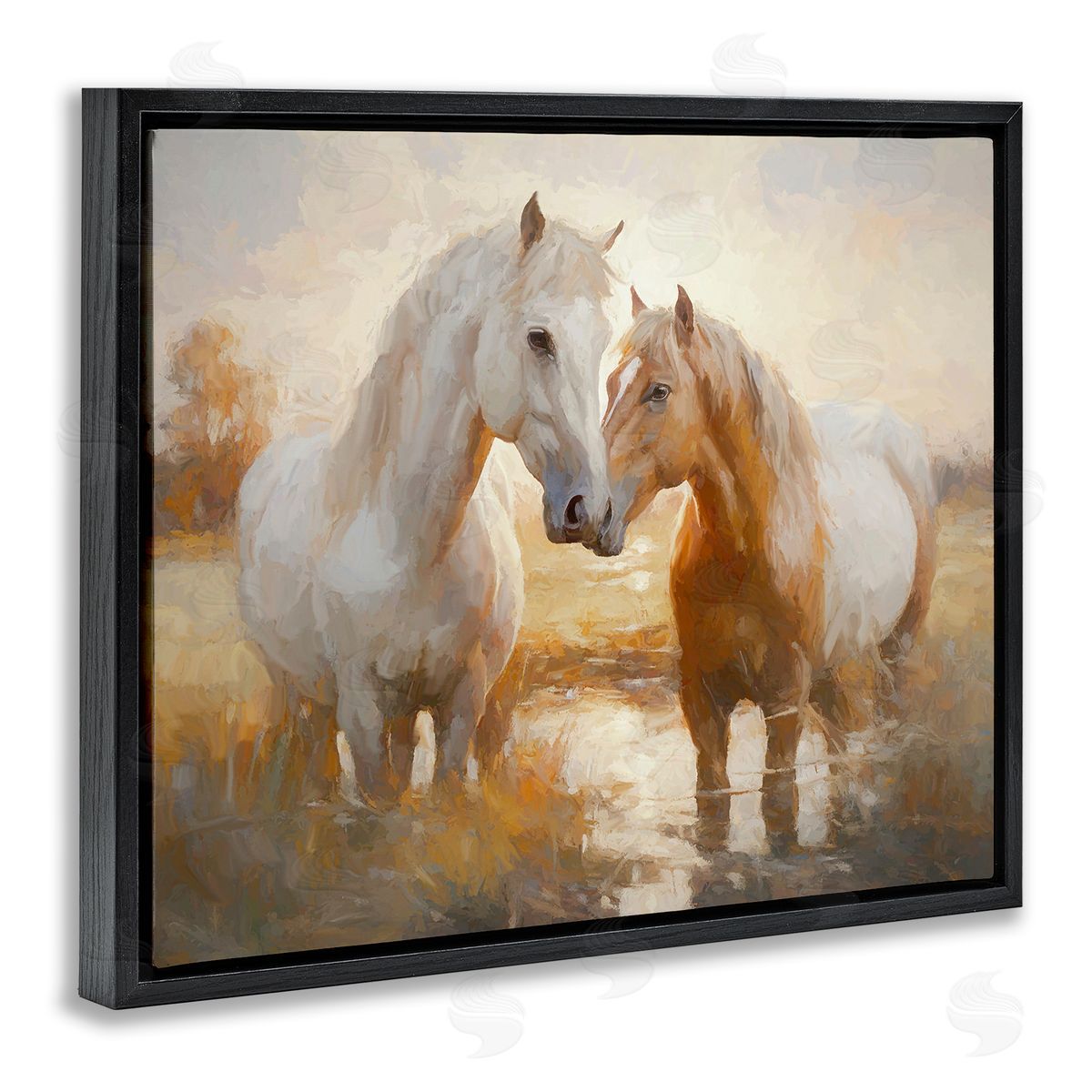 Horse Pair in River Black Floating Frame Canvas Wall Art, Home Decor by Ramona Murdock