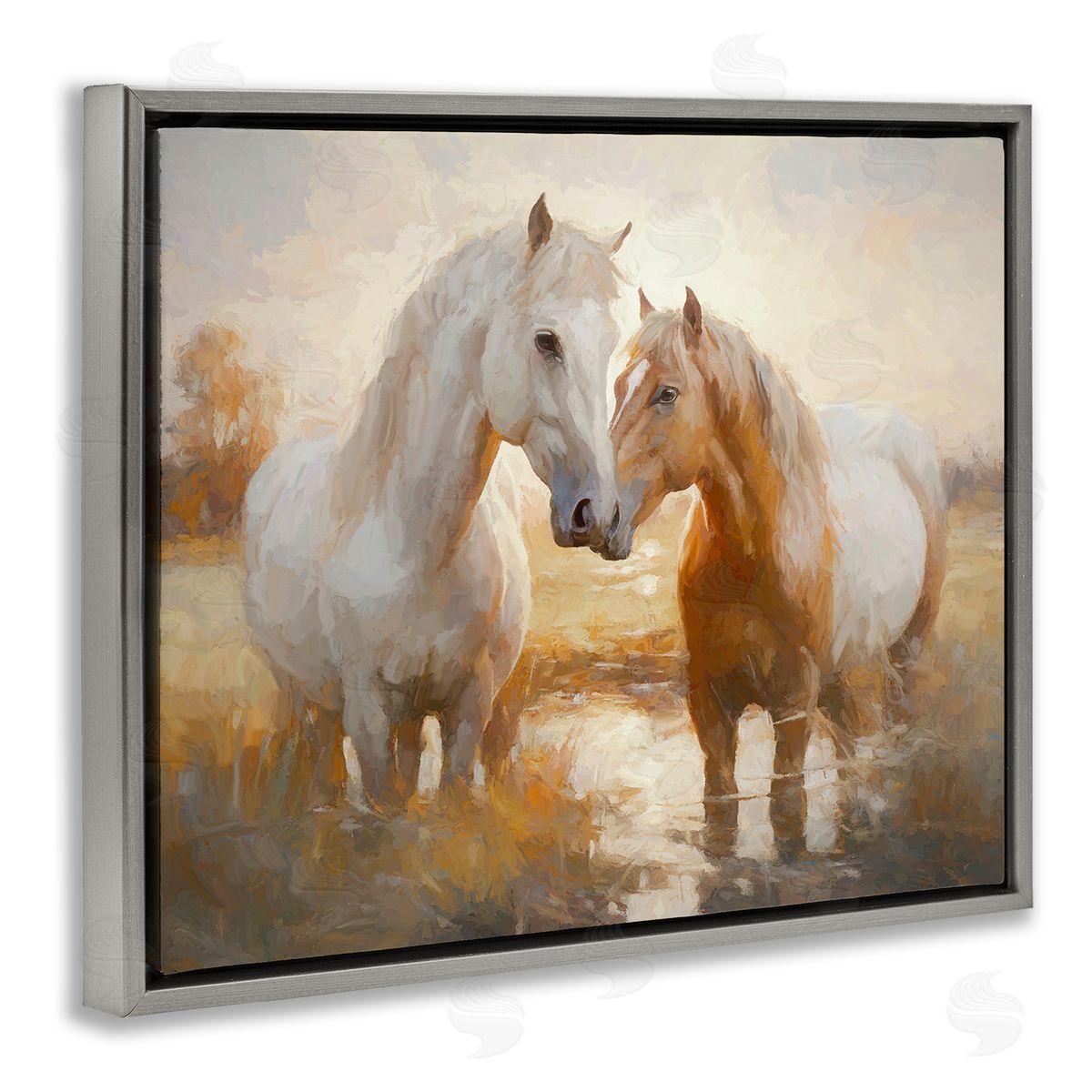 Horse Pair in River Grey Floating Frame Canvas Wall Art, Home Decor by Ramona Murdock
