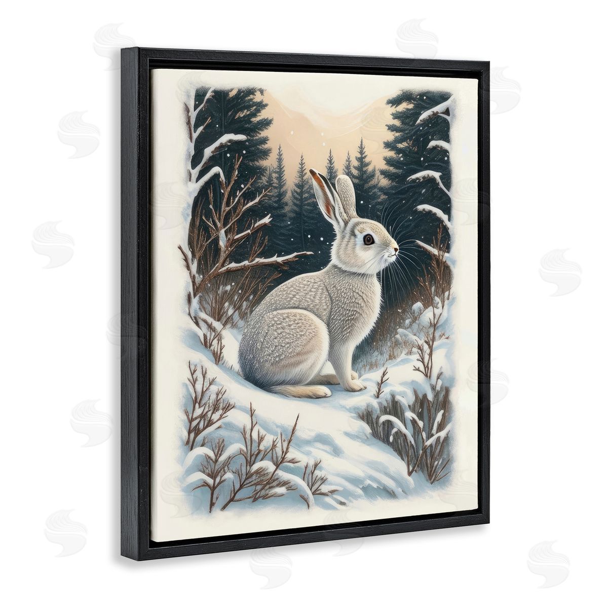 Rabbit in Winter Forest Black Floating Frame Canvas Wall Art, Home Decor by Denise Dundon