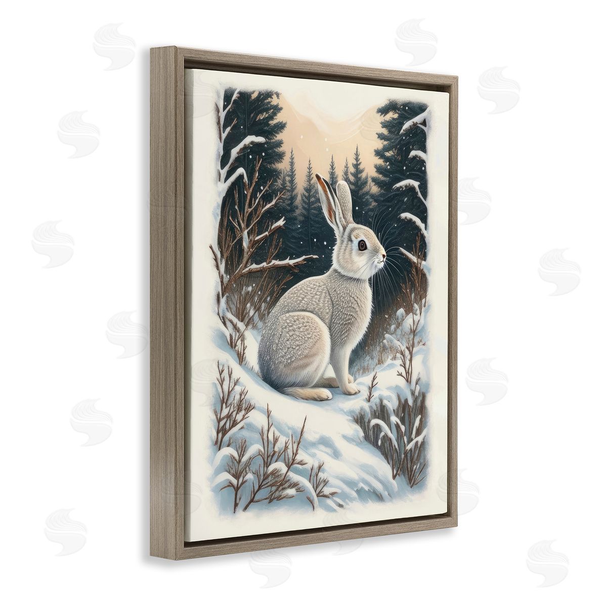 Rabbit in Winter Forest Brown Floating Frame Canvas Wall Art, Home Decor by Denise Dundon