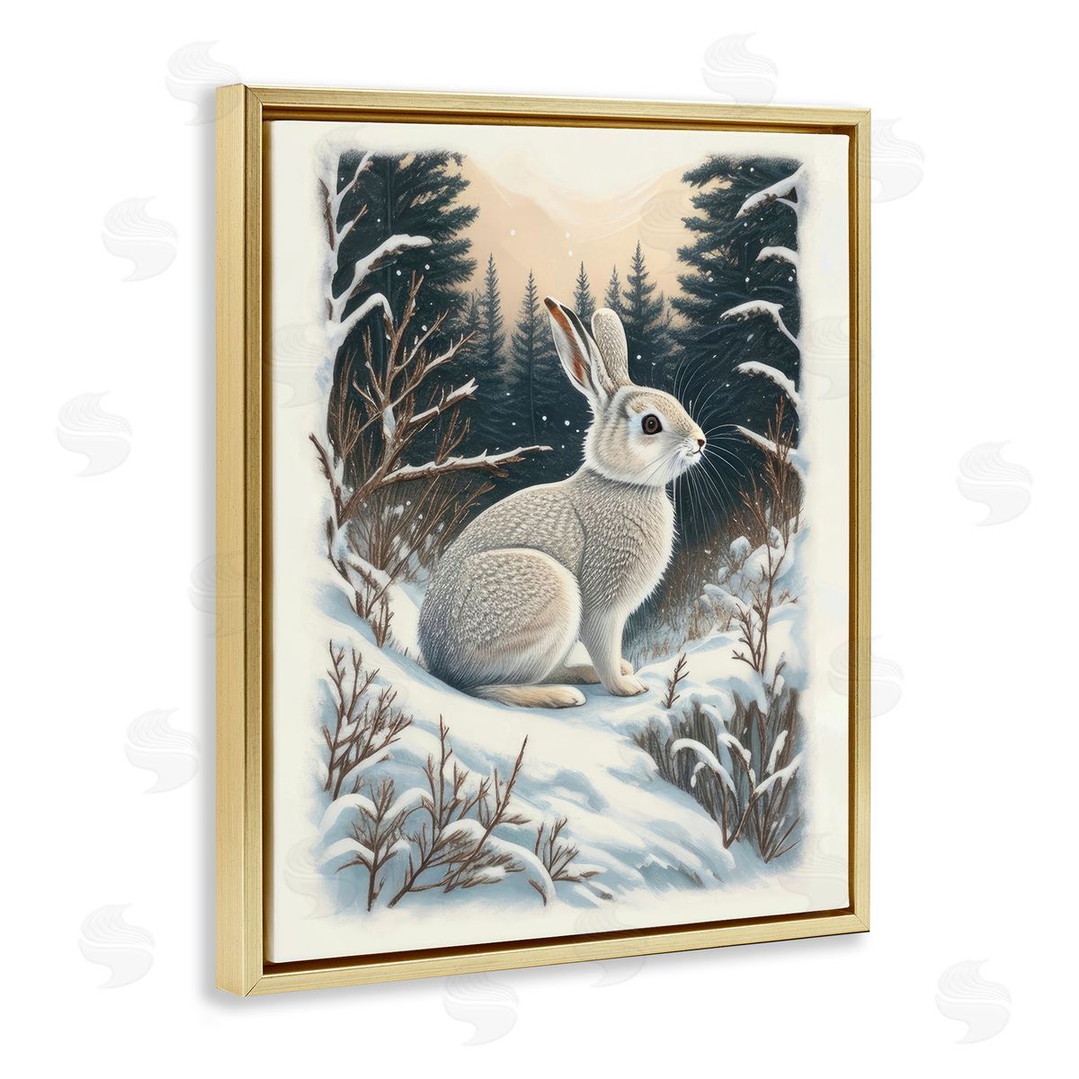 Rabbit in Winter Forest Gold Floating Frame Canvas Wall Art, Home Decor by Denise Dundon