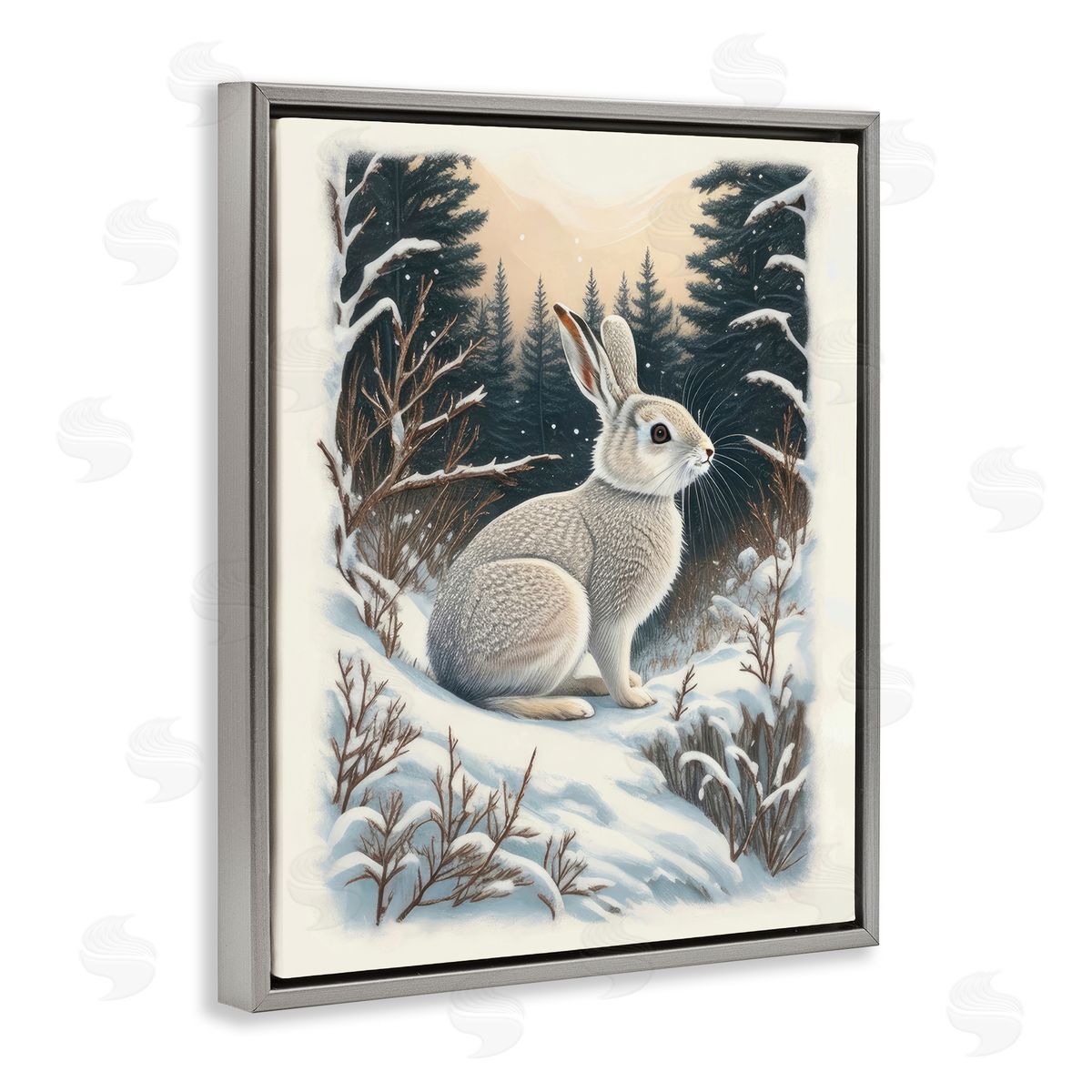 Rabbit in Winter Forest Grey Floating Frame Canvas Wall Art, Home Decor by Denise Dundon