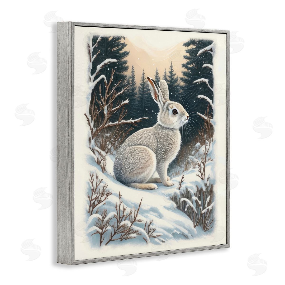 Rabbit in Winter Forest Grey Frame Print Wall Art, Home Decor by Denise Dundon