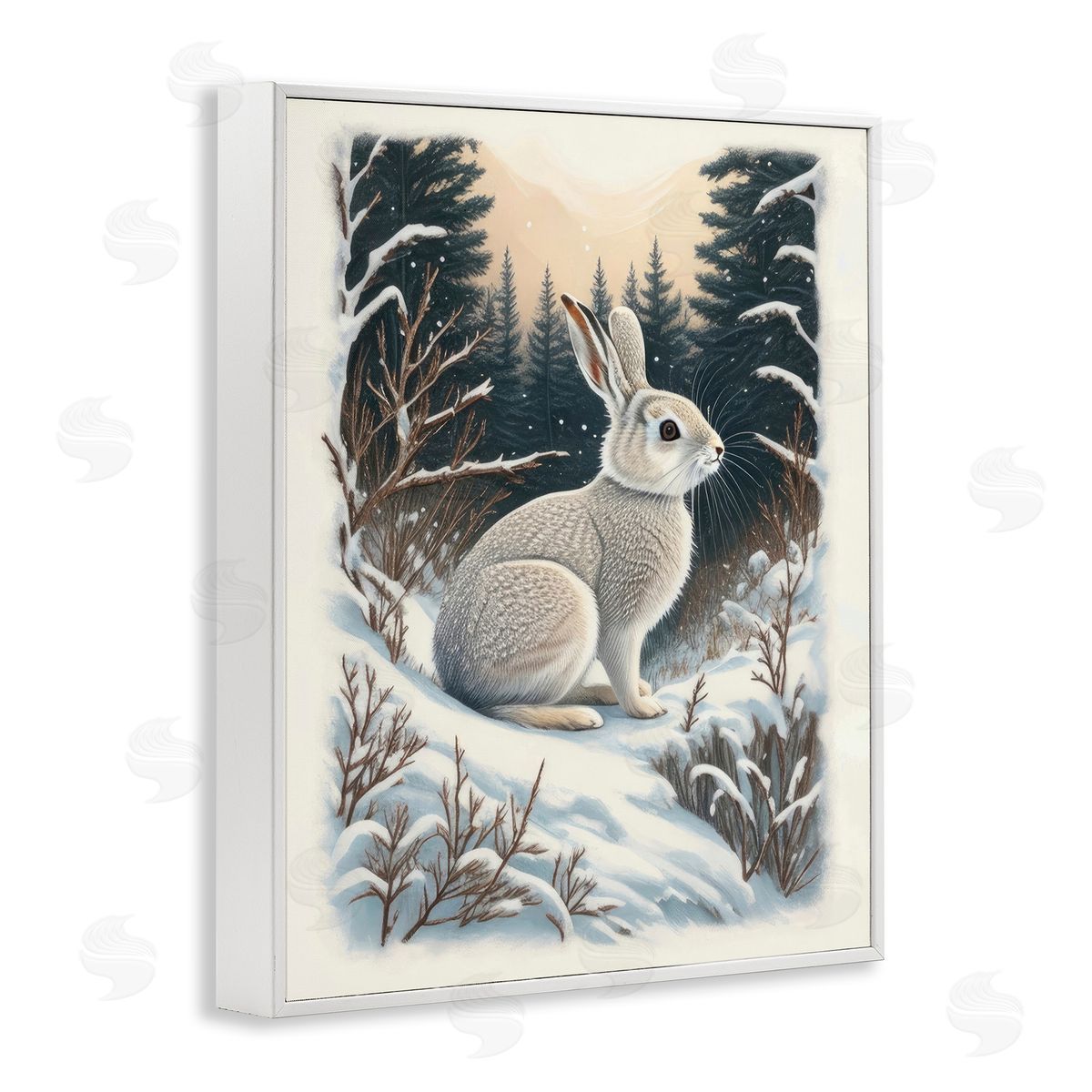 Rabbit in Winter Forest White Frame Print Wall Art, Home Decor by Denise Dundon